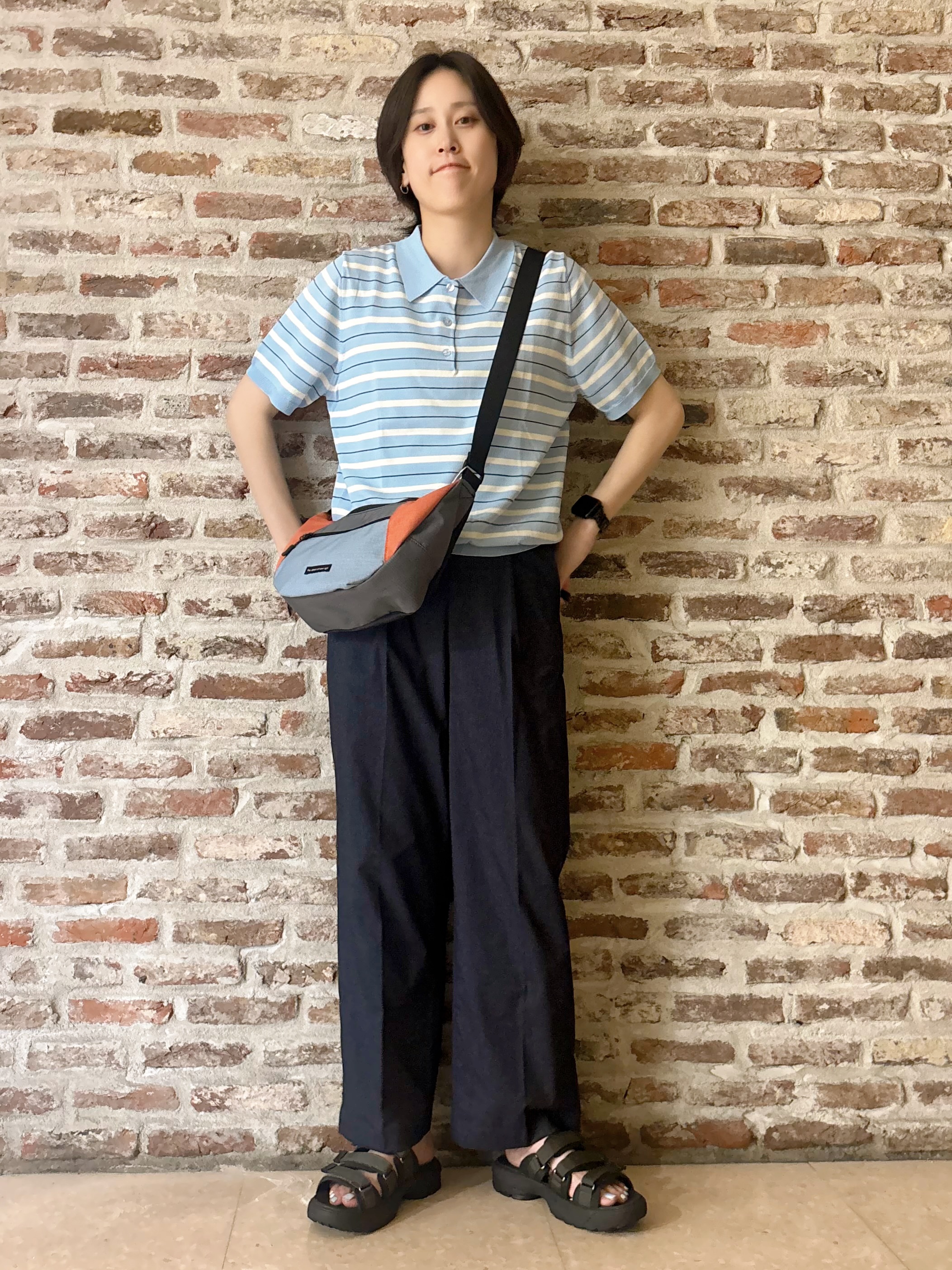 しばさんの「THE SHOP TK｜【ひんやり/アンチピリング/UV】1枚で主役になる ボーダーポロニット」を使ったコーディネート
