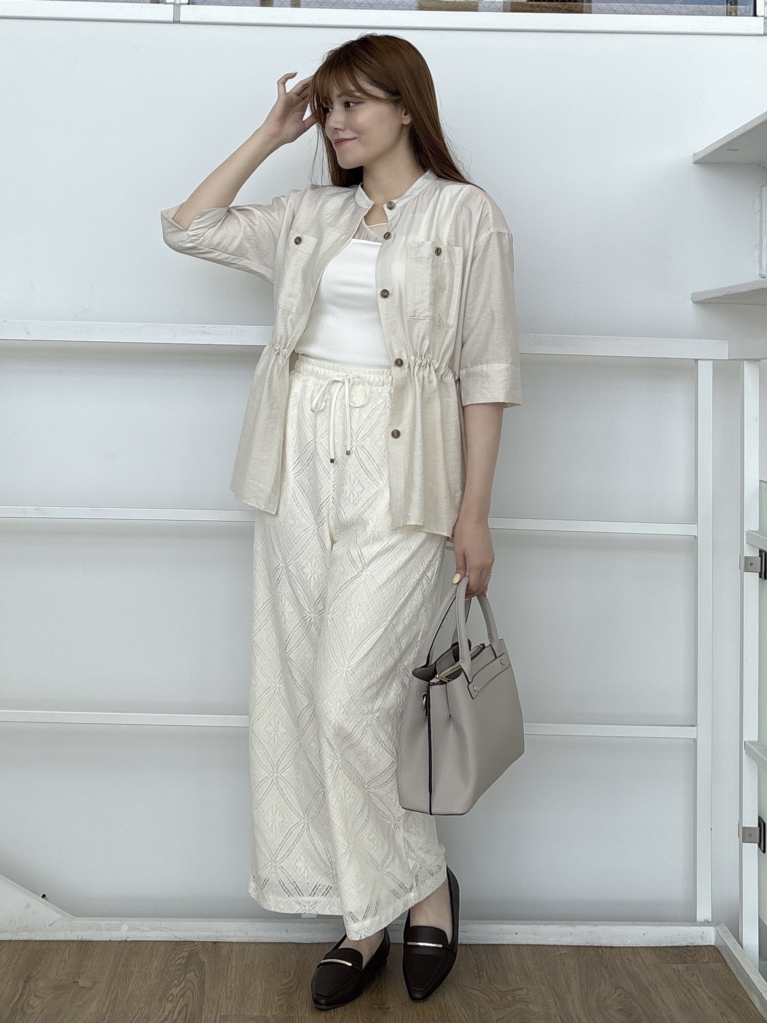 sayaさんの「grove｜5分袖ver登場！【体型カバー・洗える】シアーサファリシャツジャケット」を使ったコーディネート
