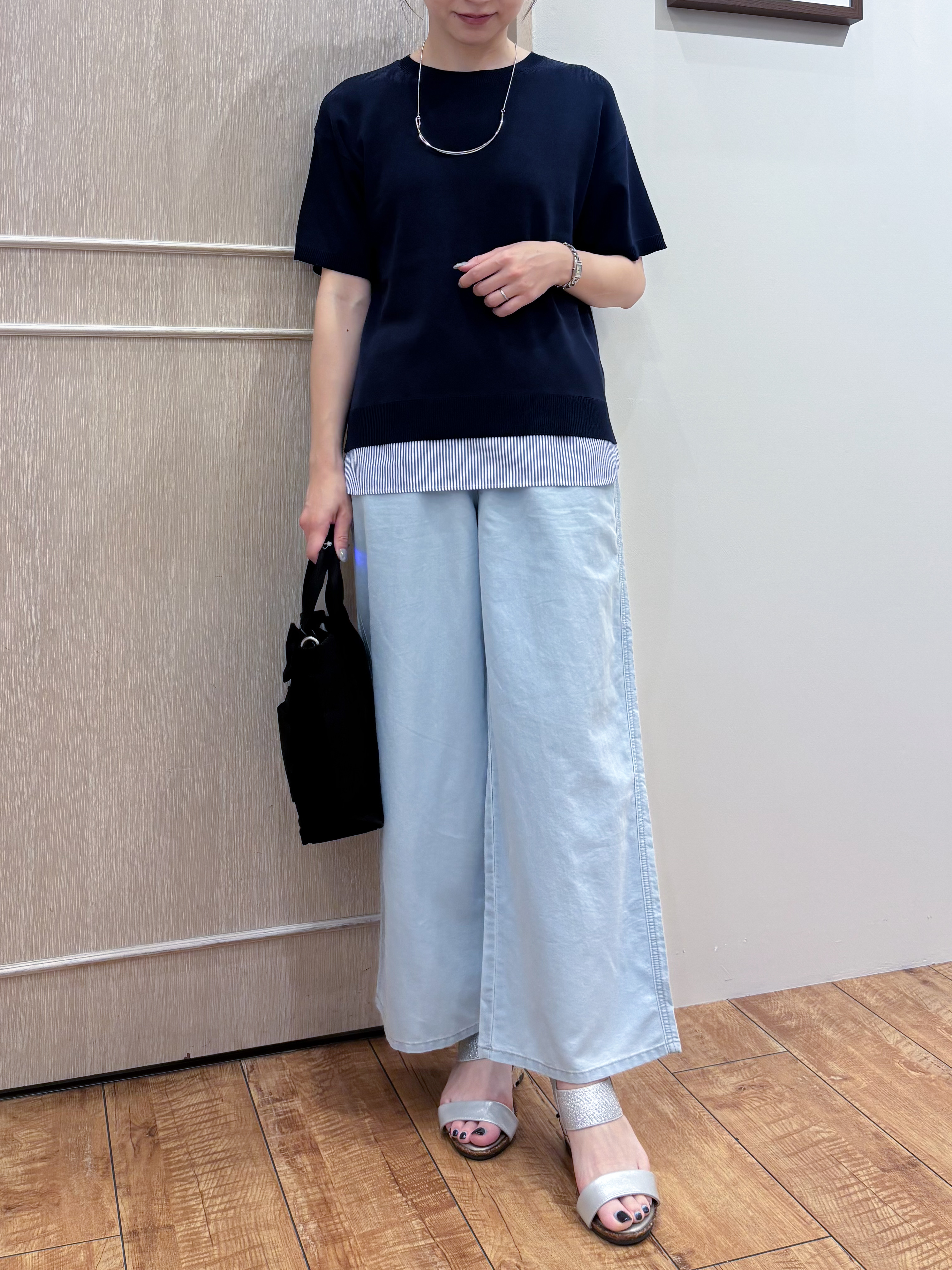 なみさんの「SHOO･LA･RUE｜【ひんやり/UV/洗濯機可/S-LL】毛玉になりにくい シャツレイヤード風 半袖ニット」を使ったコーディネート
