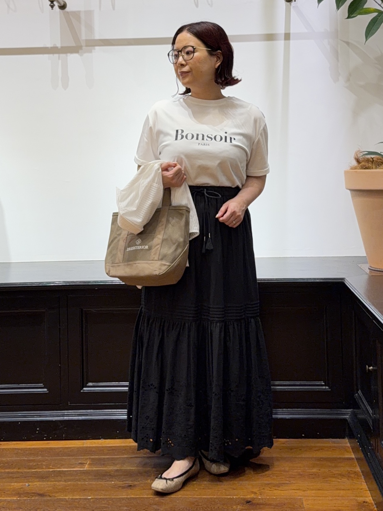 Asamiさんの「【接触冷感／抗菌防臭／消臭】アイスクリアコットン Bonsoir ロゴTシャツ」を使ったコーディネート