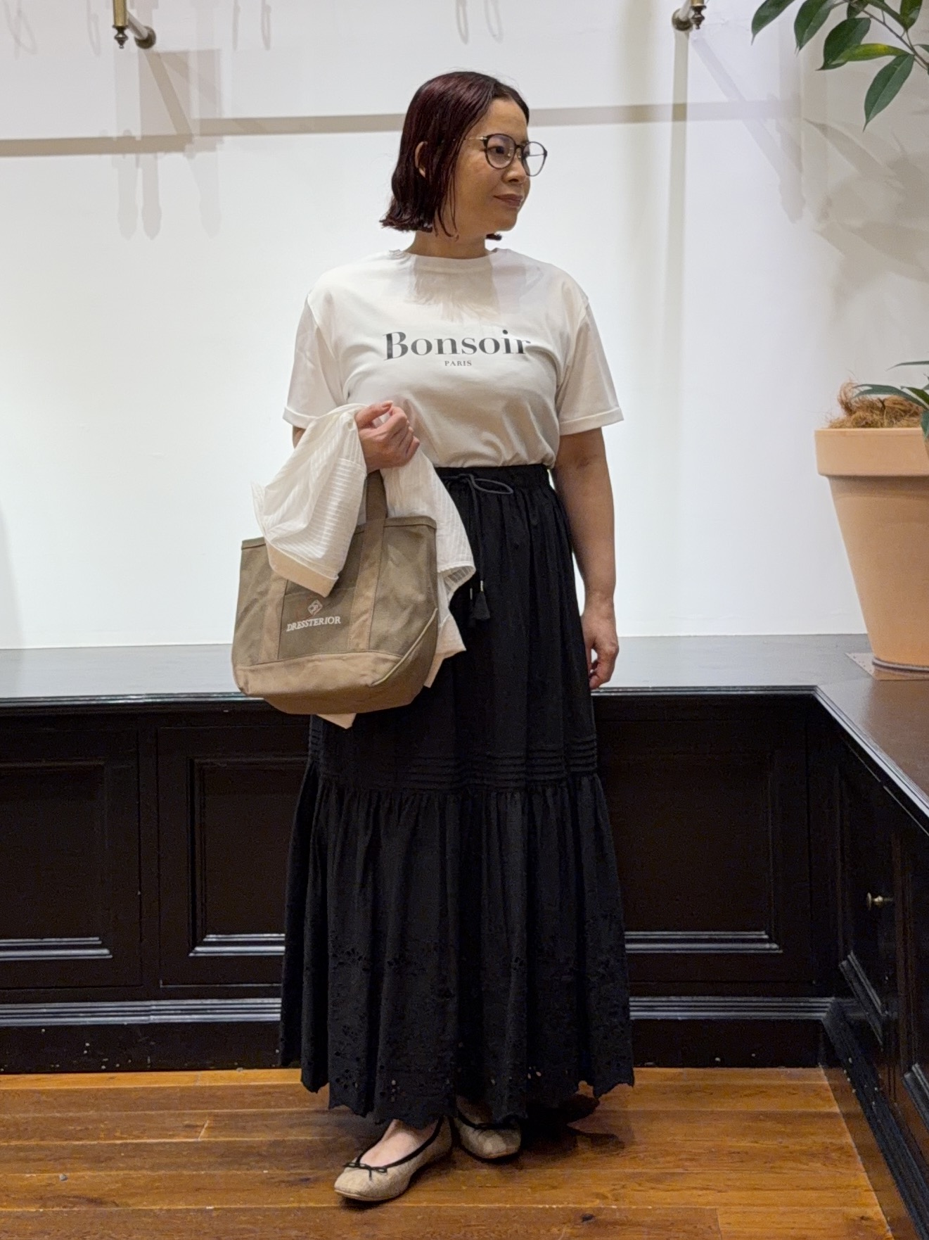 Asamiさんの「【接触冷感／抗菌防臭／消臭】アイスクリアコットン Bonsoir ロゴTシャツ」を使ったコーディネート