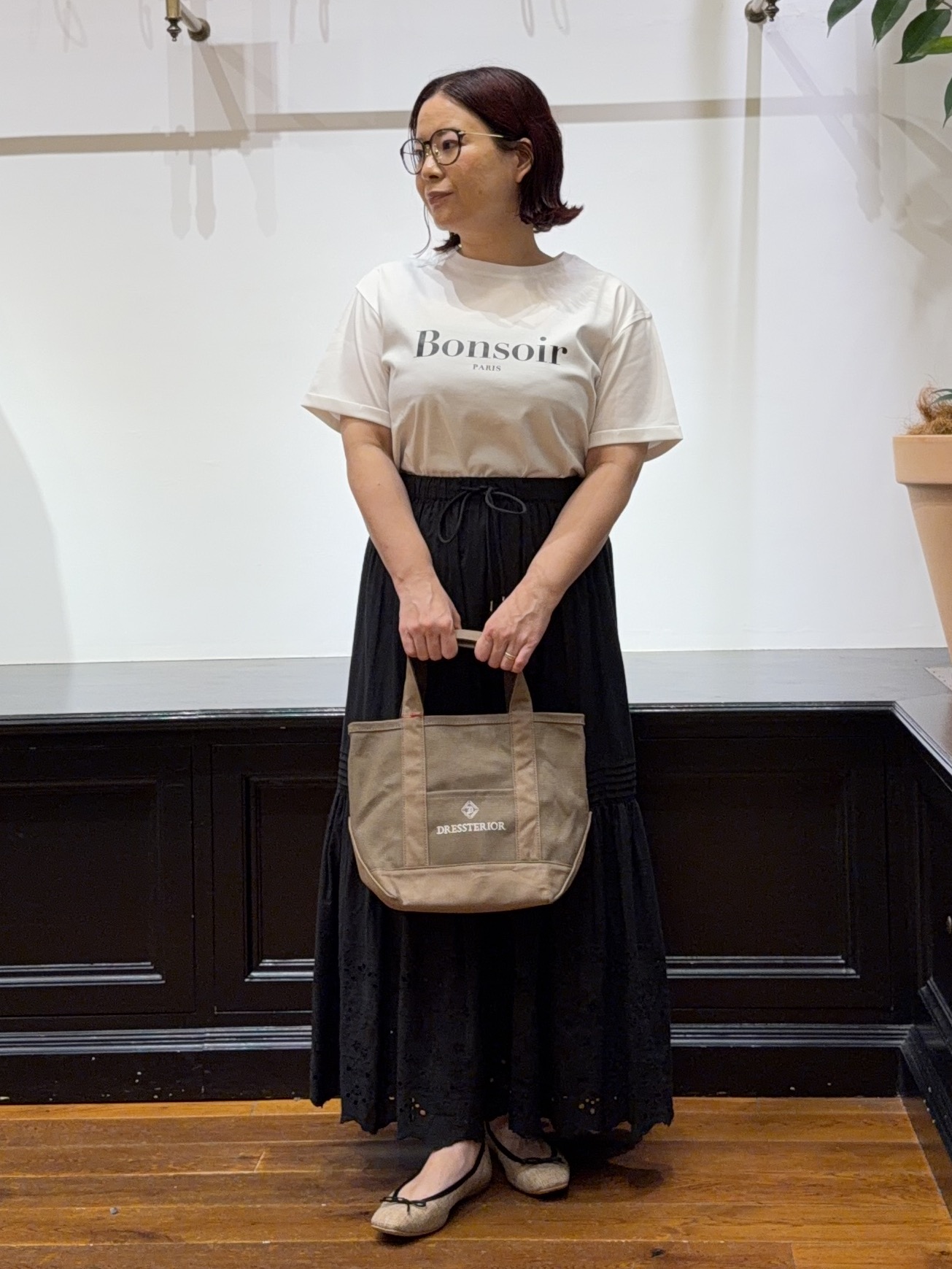 Asamiさんの「【接触冷感／抗菌防臭／消臭】アイスクリアコットン Bonsoir ロゴTシャツ」を使ったコーディネート