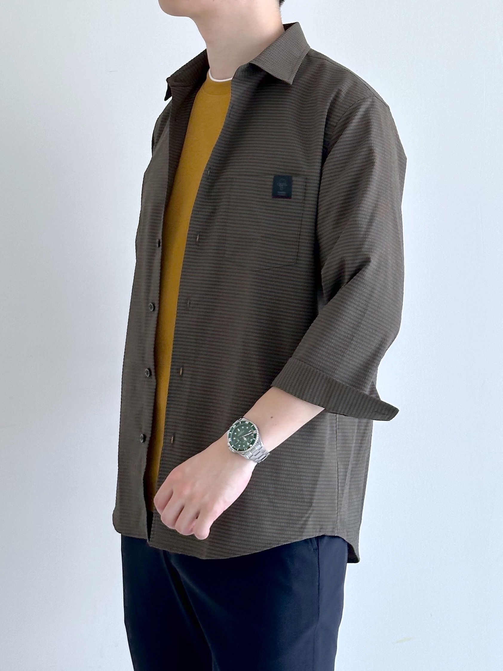 イッシーさんの「TAKEO KIKUCHI｜【日本製】JFP DotAir（R）サッカー7分袖シャツ」を使ったコーディネート