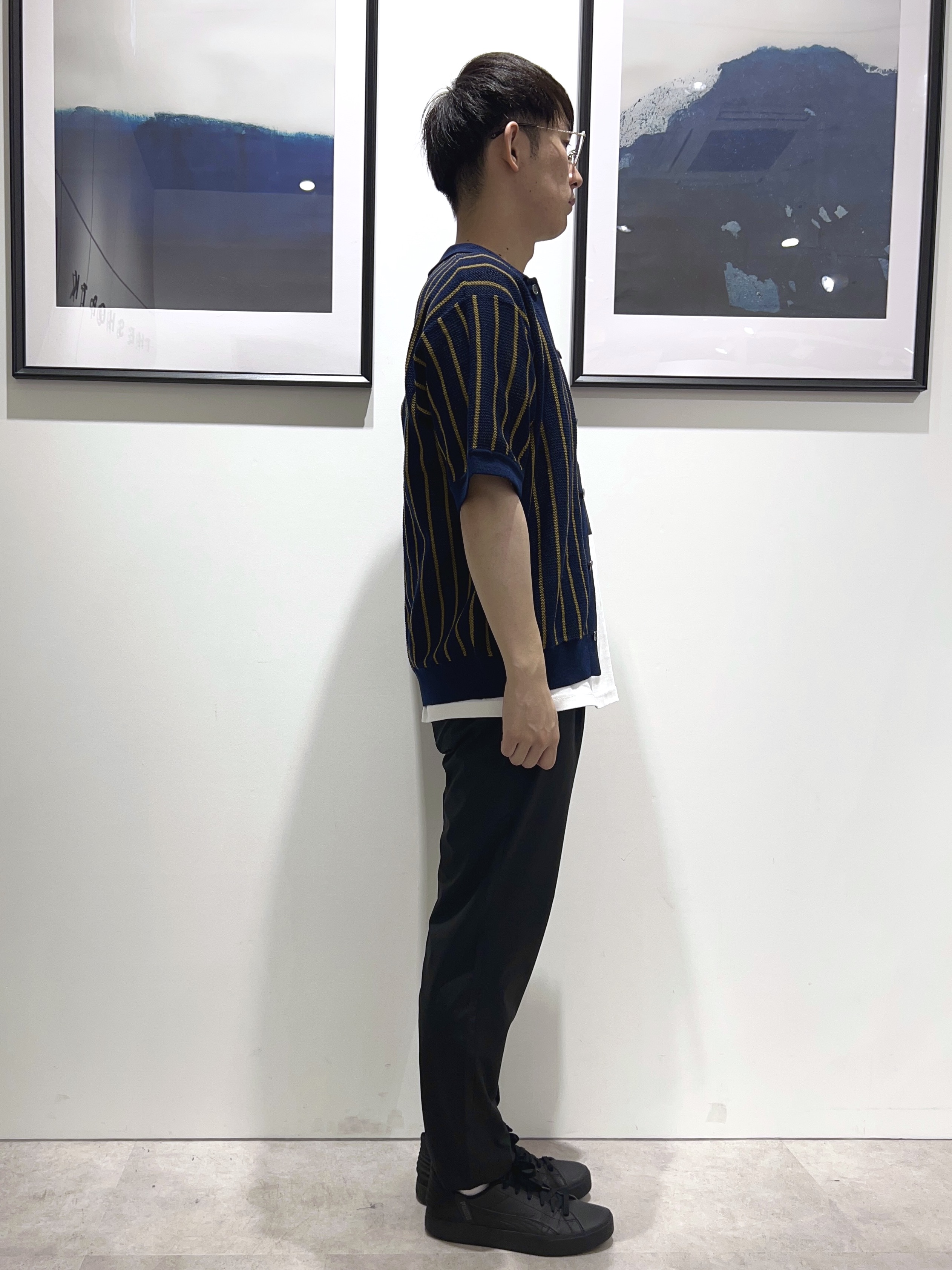 。さんの「THE SHOP TK｜【マシンウォッシャブル】ニットストライプ半袖シャツ」を使ったコーディネート