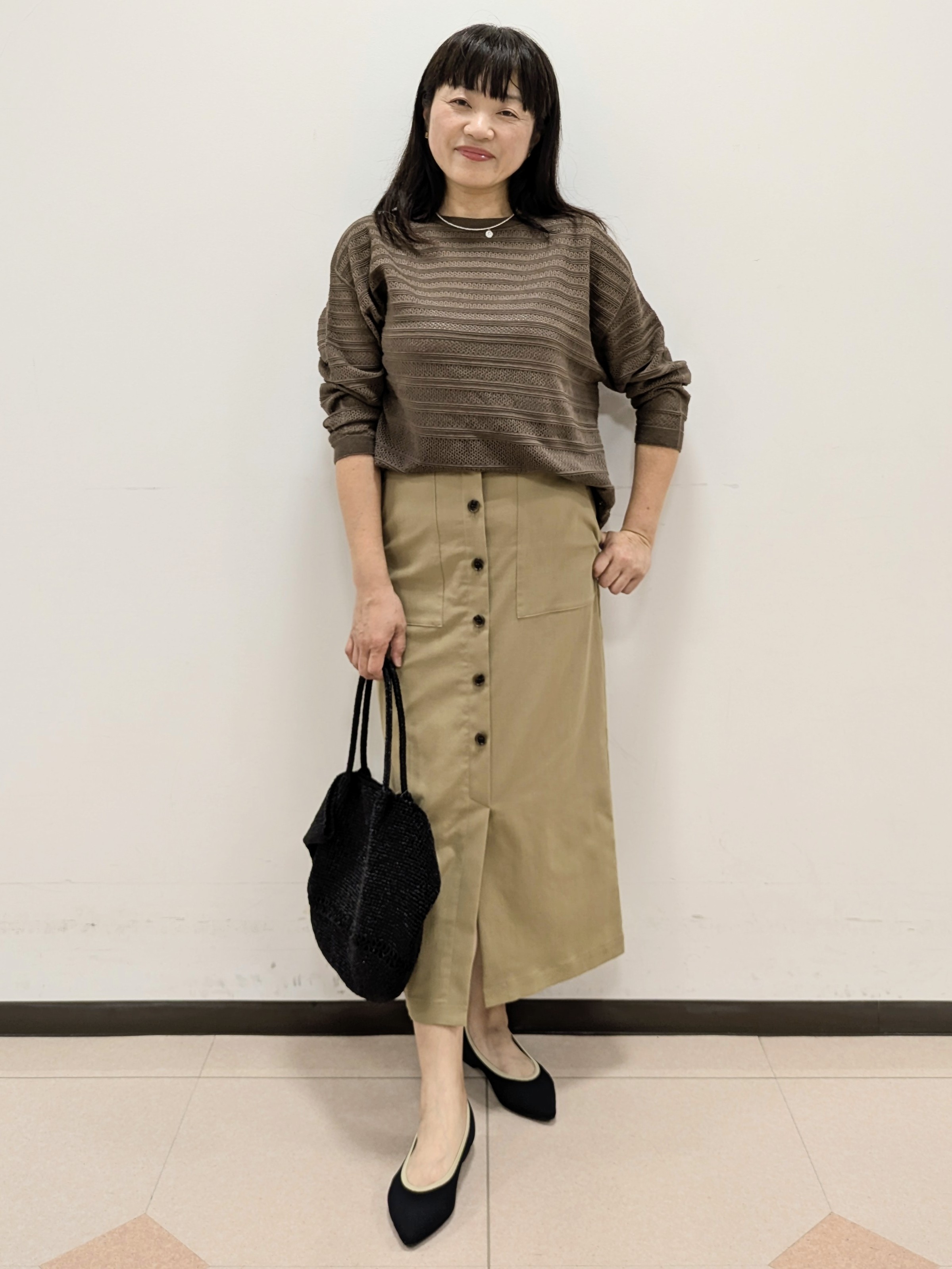 ともさんの「UNTITLED｜メッシュ柄ボーダーニット」を使ったコーディネート