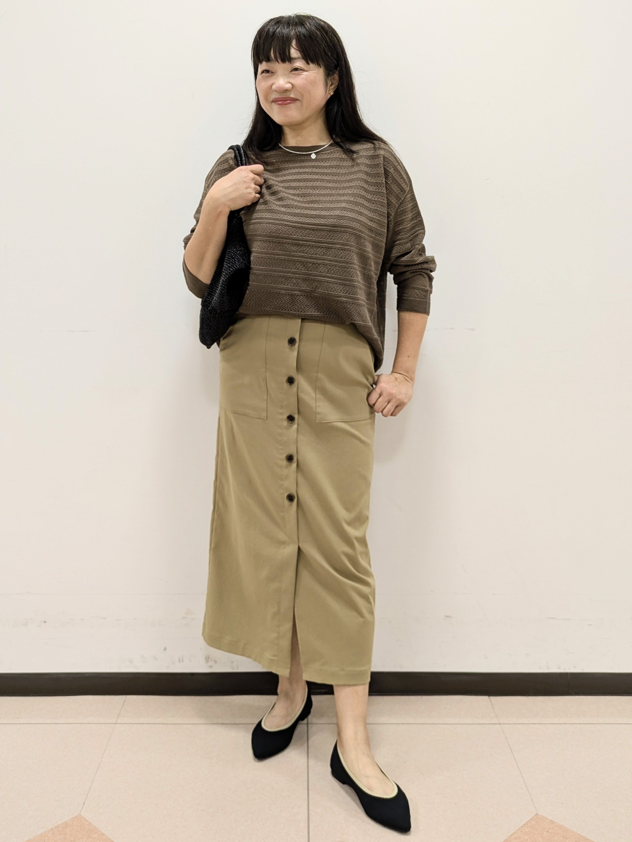 ともさんの「UNTITLED｜メッシュ柄ボーダーニット」を使ったコーディネート