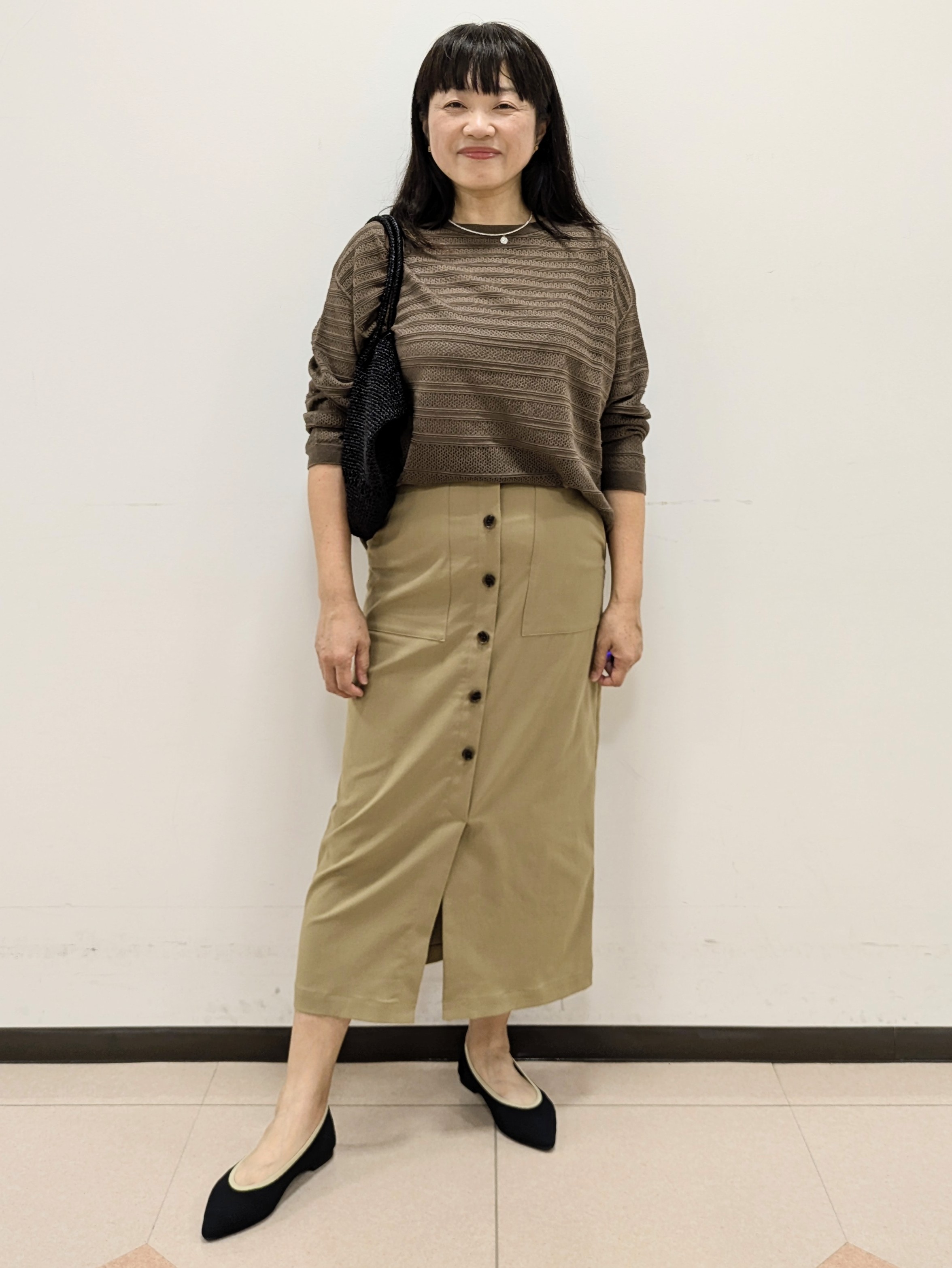 ともさんの「UNTITLED｜メッシュ柄ボーダーニット」を使ったコーディネート