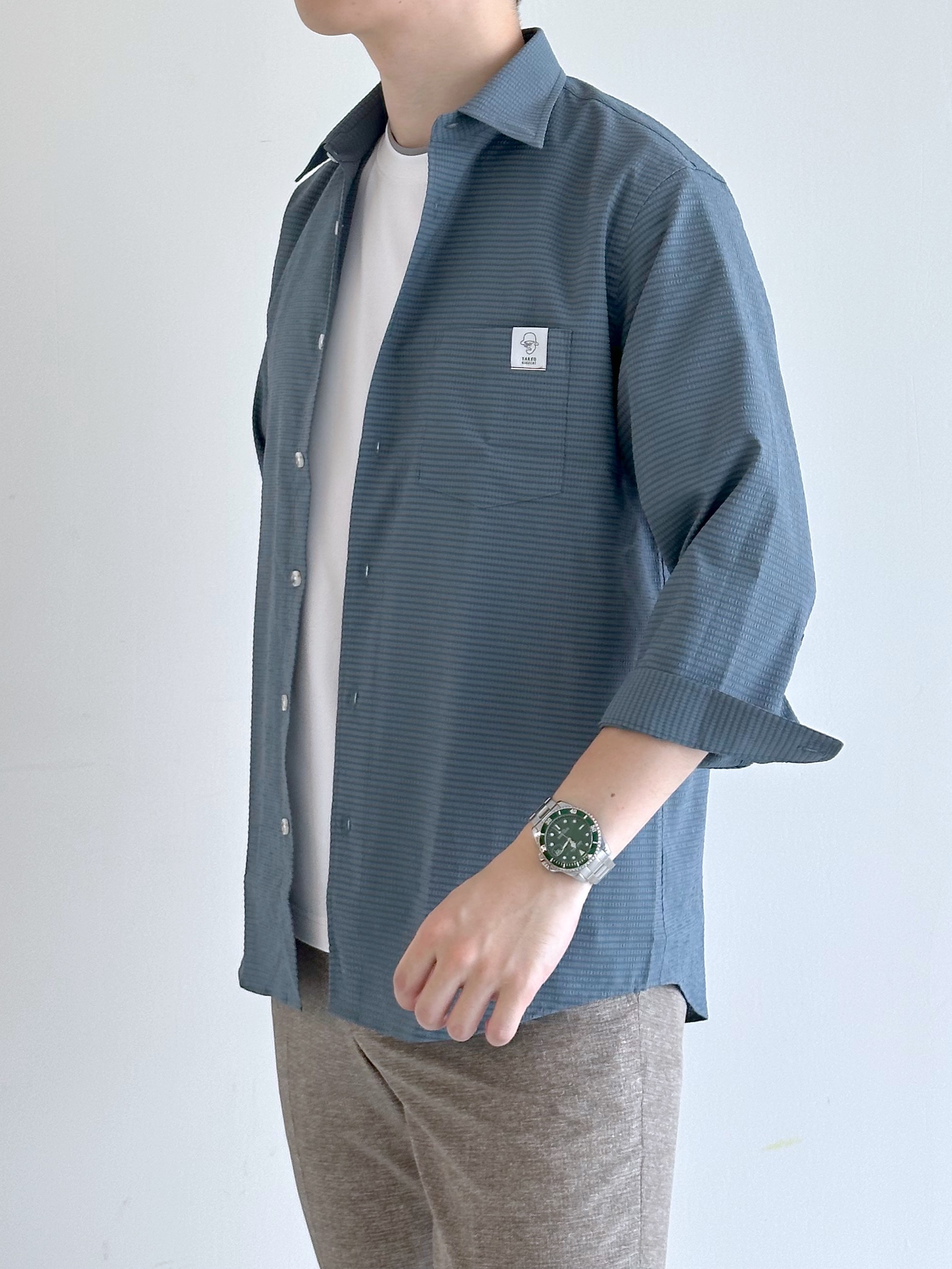 イッシーさんの「TAKEO KIKUCHI｜【日本製】JFP DotAir（R）サッカー7分袖シャツ」を使ったコーディネート