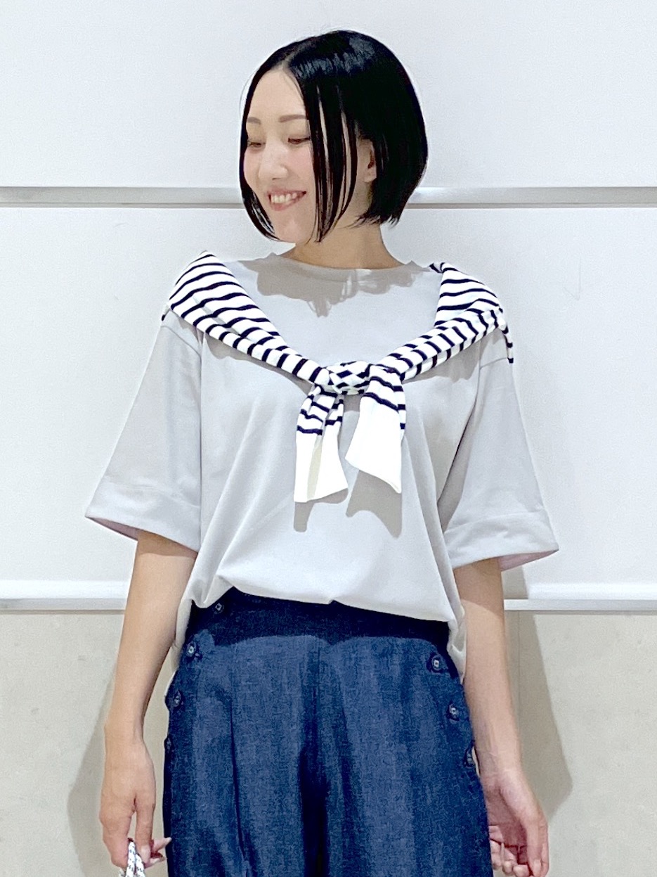 eriko さんの「Dessin｜【汗シミ防止/UVカット】配色スリーブ 五分袖プルオーバー」を使ったコーディネート