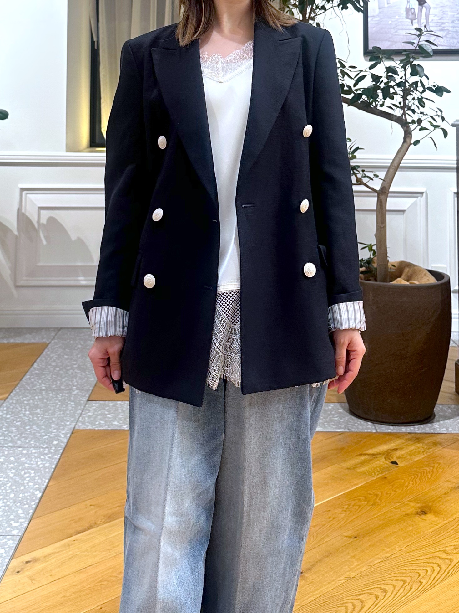 なべこさんの「DRESSTERIOR｜【セットアップ可】リネンブレンドダブルブレストジャケット」を使ったコーディネート