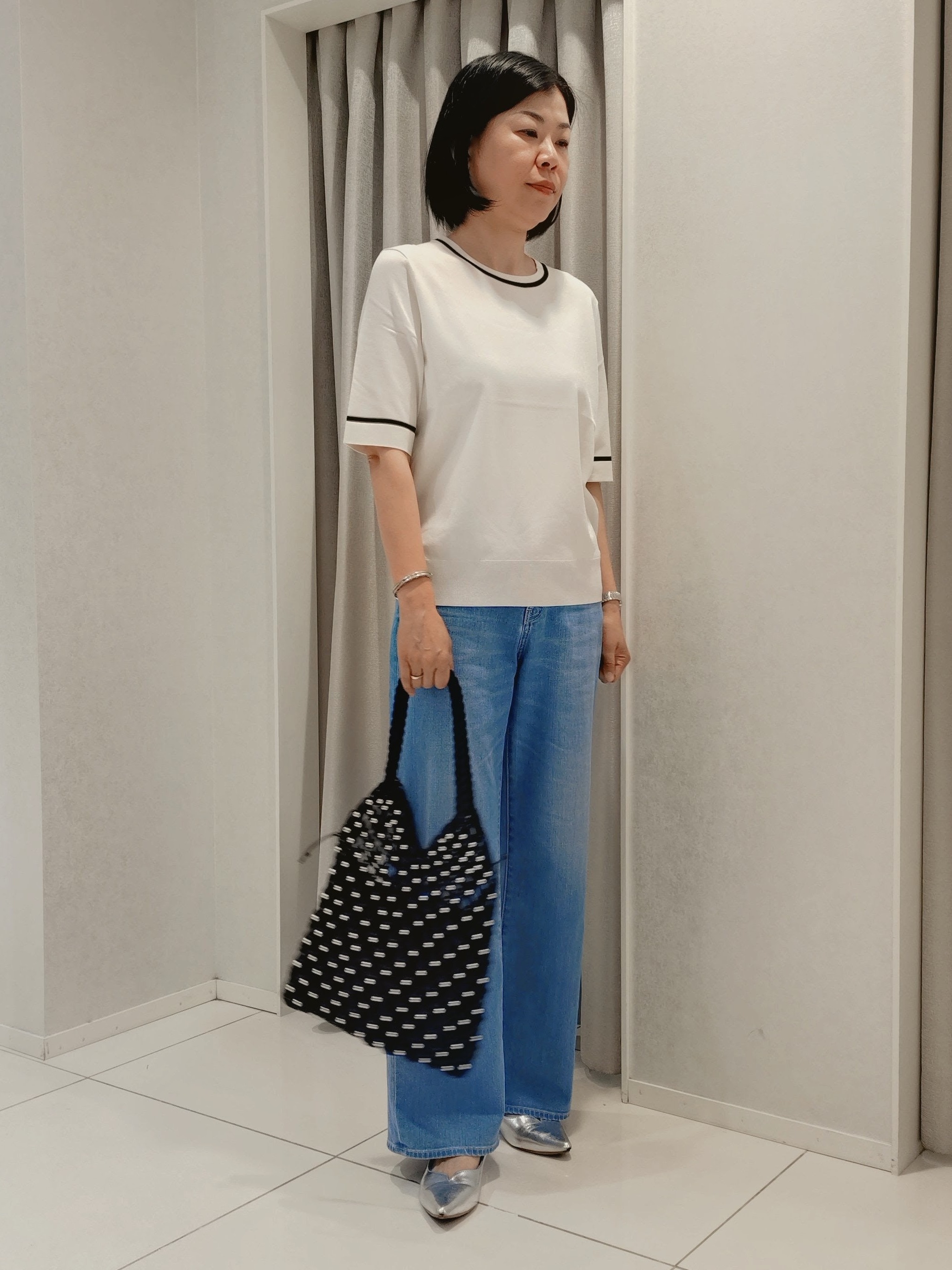 WATAさんの「UNTITLED｜【アンサンブル可/上品な清涼感】コンパクト5分袖ニット」を使ったコーディネート