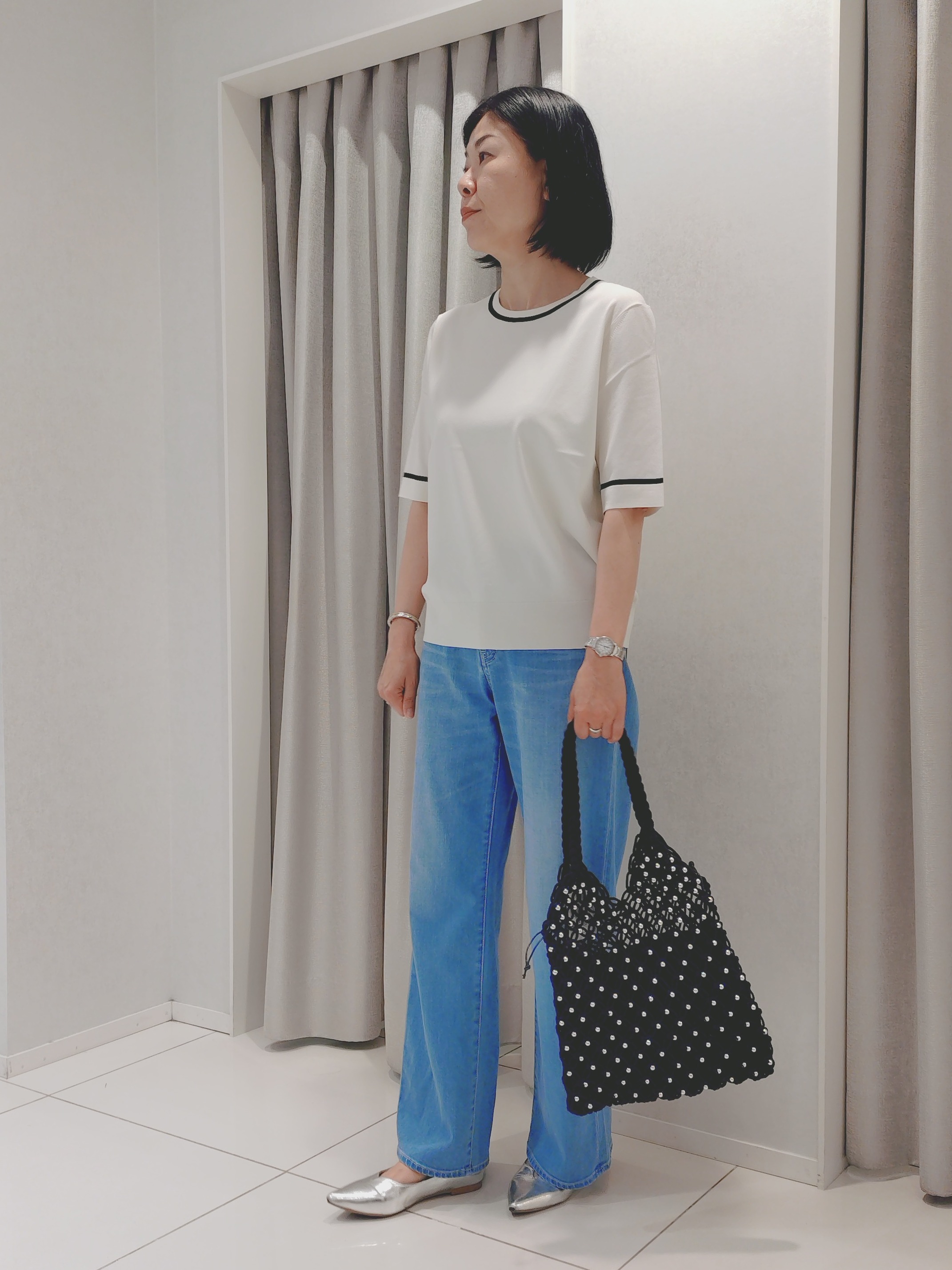 WATAさんの「UNTITLED｜【アンサンブル可/上品な清涼感】コンパクト5分袖ニット」を使ったコーディネート