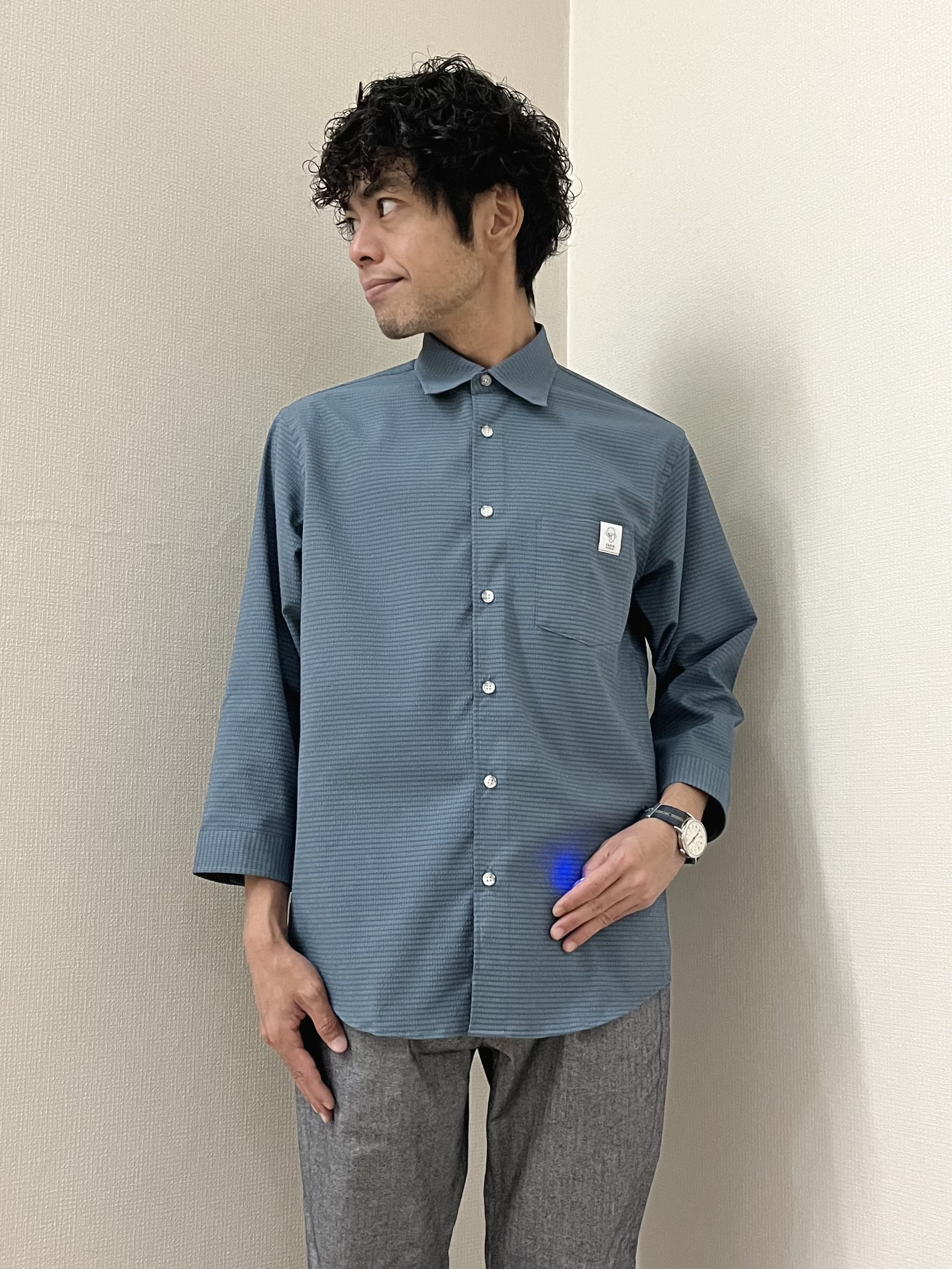 URAさんの「TAKEO KIKUCHI｜【日本製】DotAir（R）サッカー7分袖シャツ」を使ったコーディネート