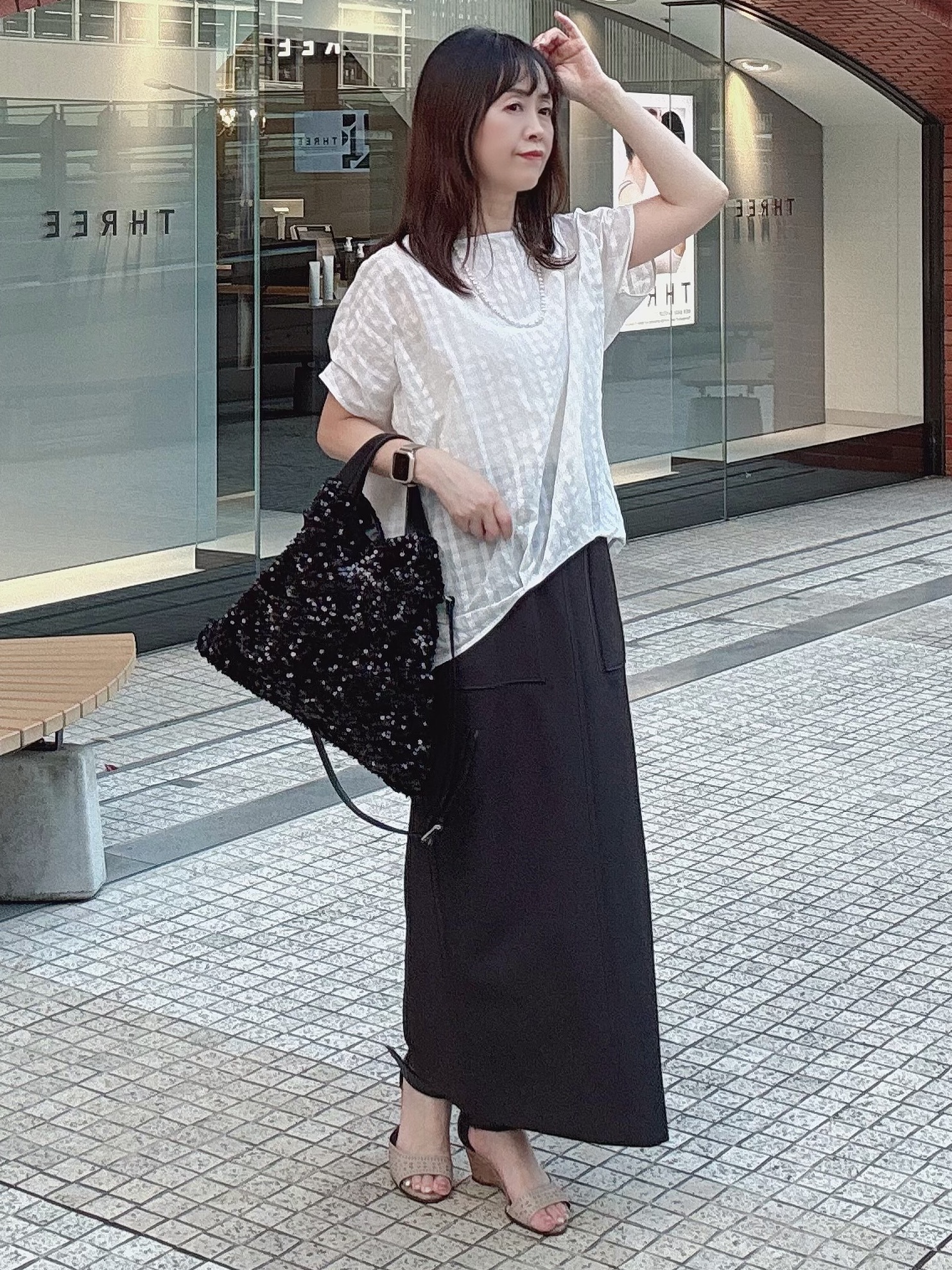 makiさんの「UNTITLED｜シアーチェックブラウス」を使ったコーディネート