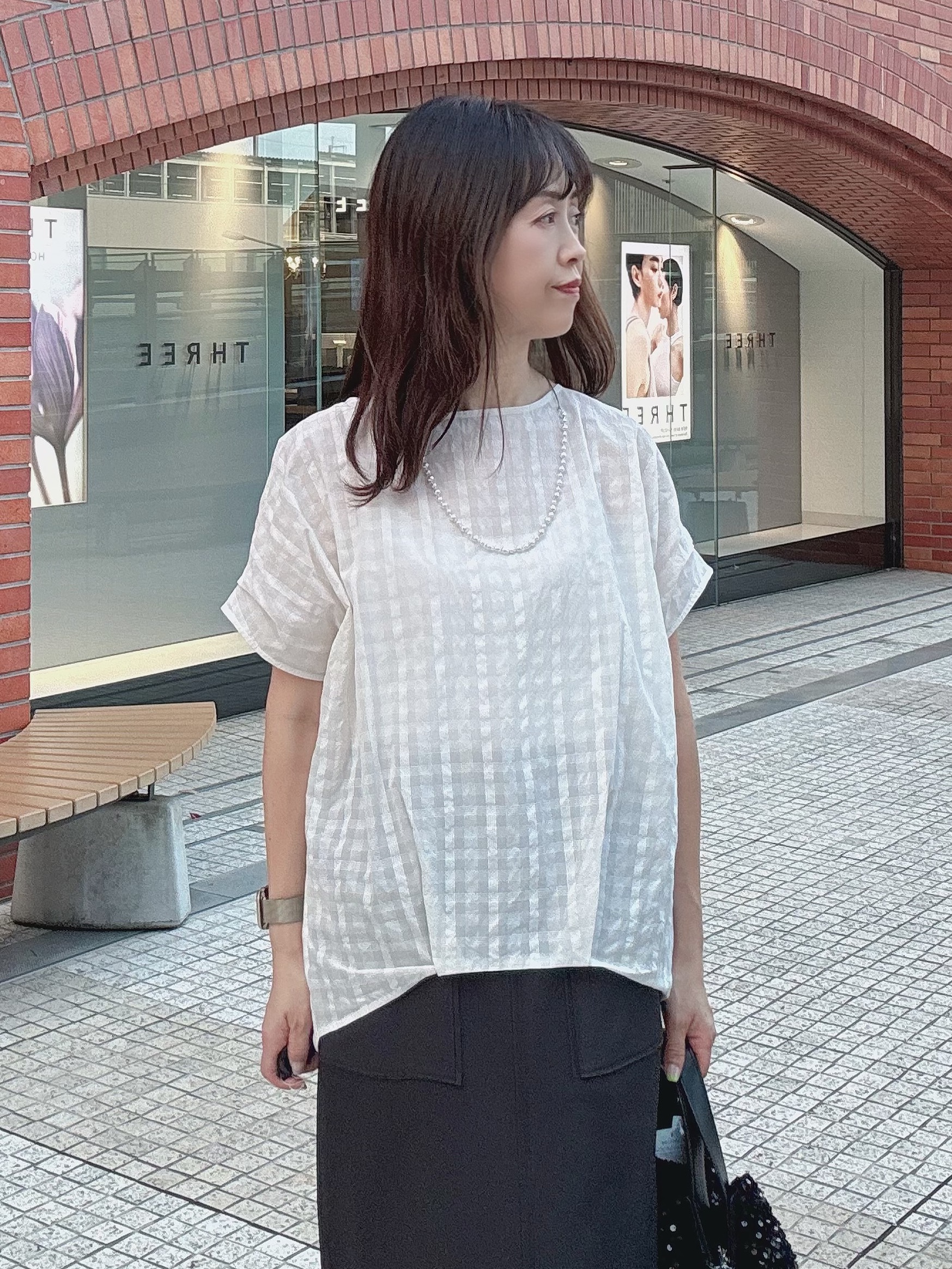 makiさんの「UNTITLED｜シアーチェックブラウス」を使ったコーディネート