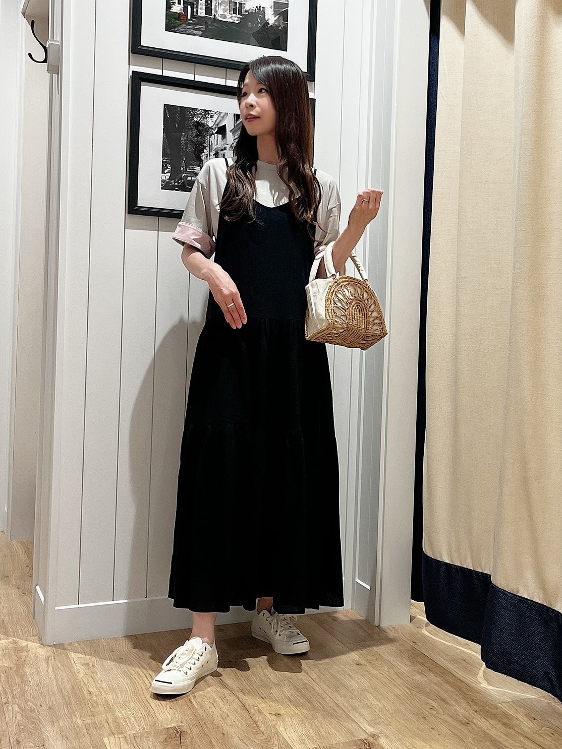 mihoさんの「Dessin｜【汗シミ防止/UVカット】配色スリーブ 五分袖プルオーバー」を使ったコーディネート