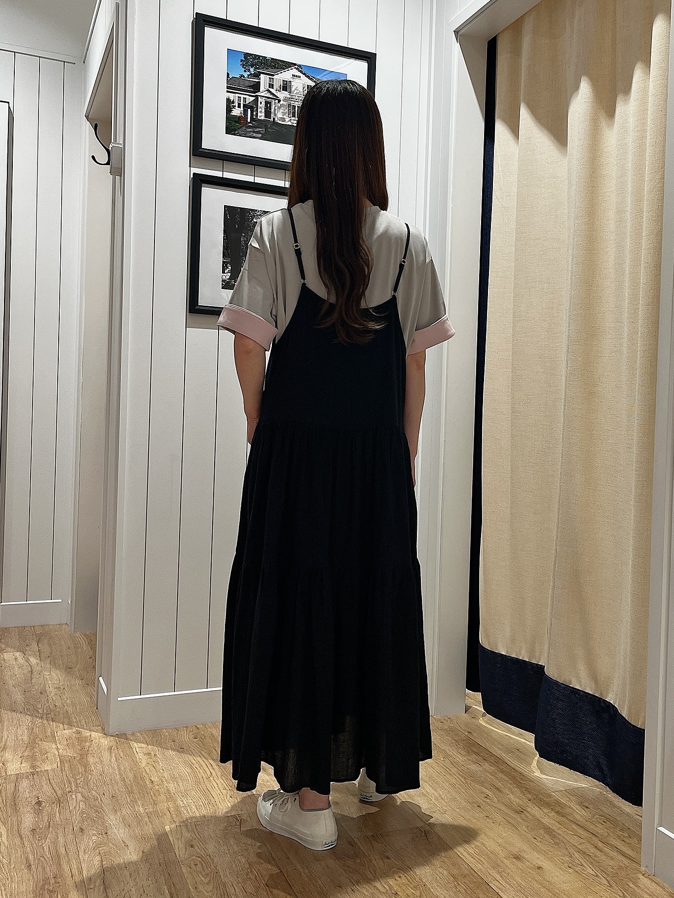 mihoさんの「Dessin｜【汗シミ防止/UVカット】配色スリーブ 五分袖プルオーバー」を使ったコーディネート