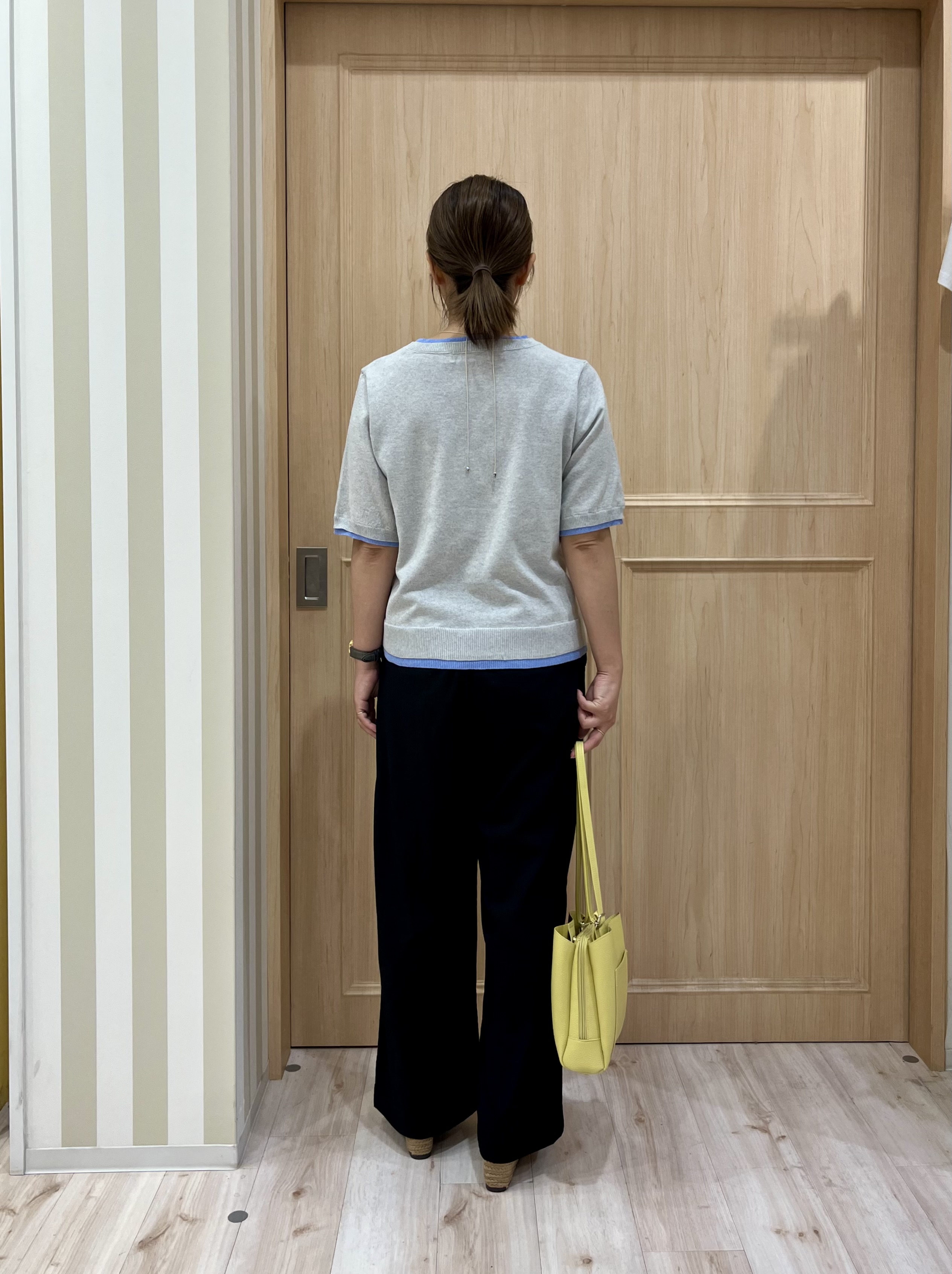 Kyokoさんの「SHOO･LA･RUE｜【二の腕隠れる/コットン混】配色使いで差がつく 洗える五分袖ニット」を使ったコーディネート
