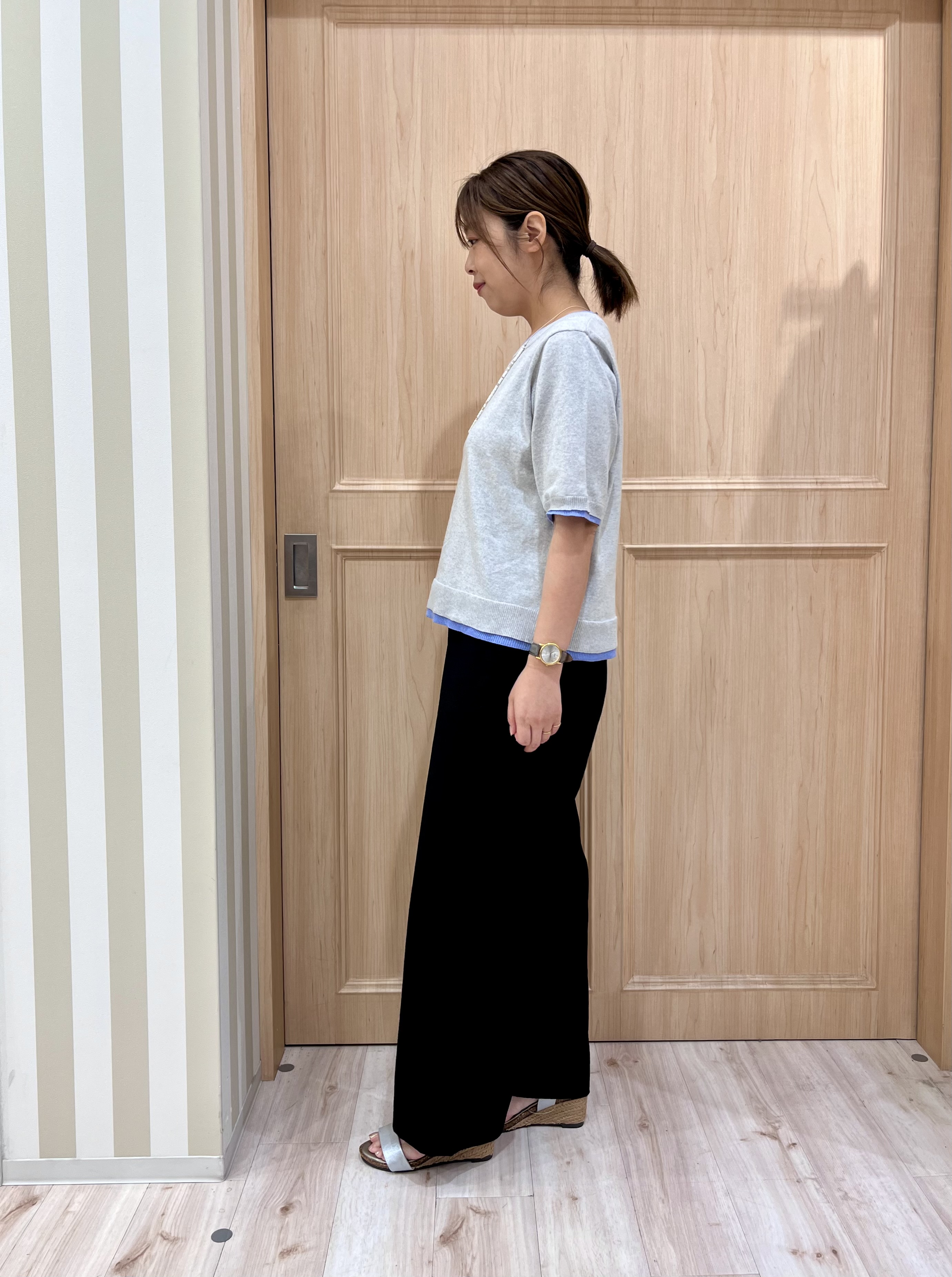 Kyokoさんの「SHOO･LA･RUE｜【二の腕隠れる/コットン混】配色使いで差がつく 洗える五分袖ニット」を使ったコーディネート