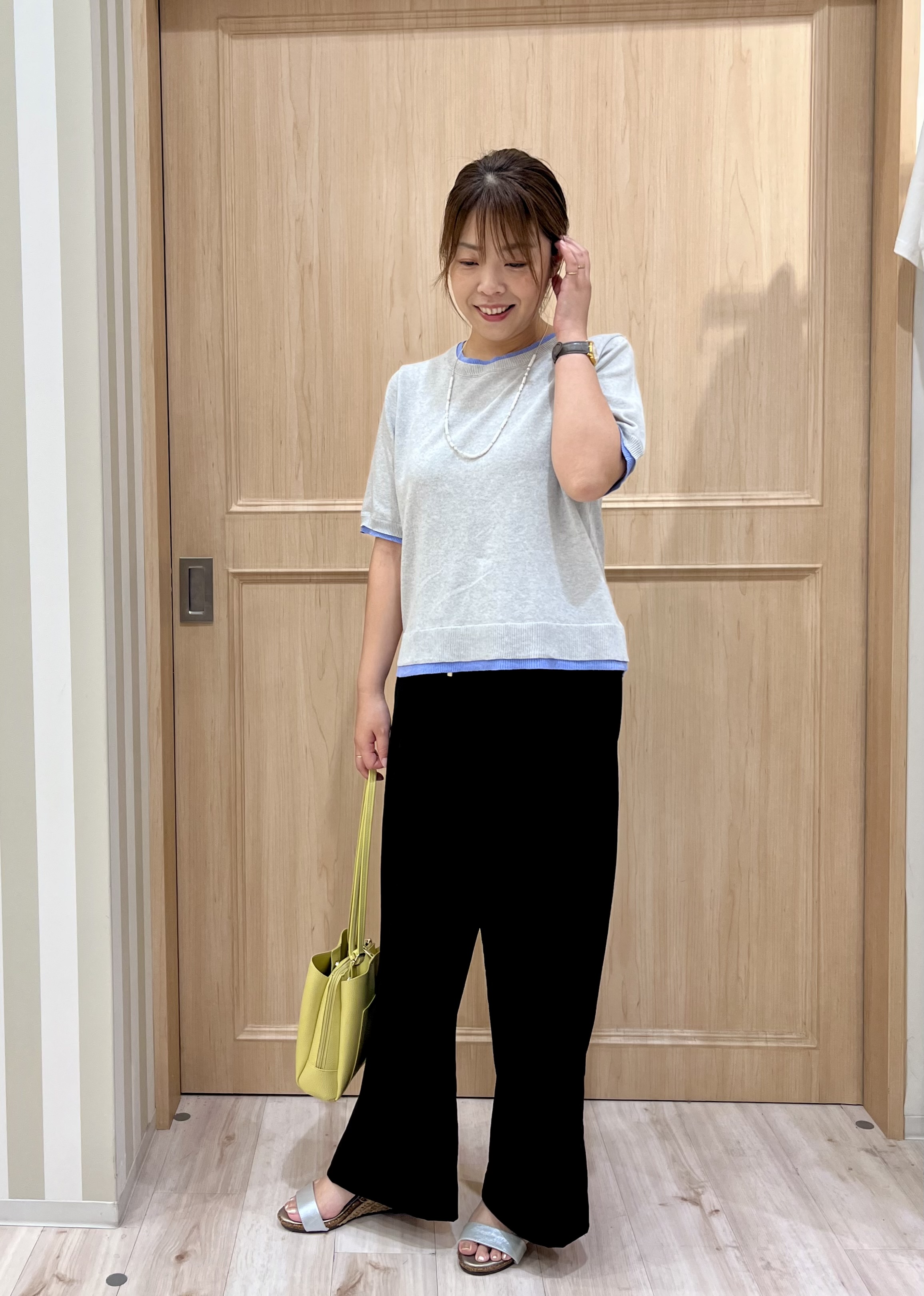 Kyokoさんの「SHOO･LA･RUE｜【二の腕隠れる/コットン混】配色使いで差がつく 洗える五分袖ニット」を使ったコーディネート