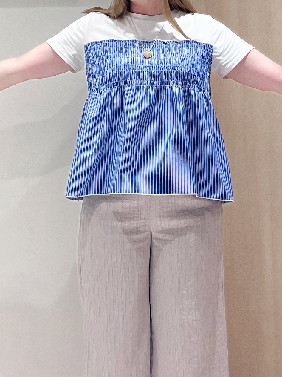 momoさんの「SHOO･LA･RUE｜【S-LL/洗濯機可/体型カバー】インせずサマ見え ビスチェ風異素材ドッキングTシャツ」を使ったコーディネート