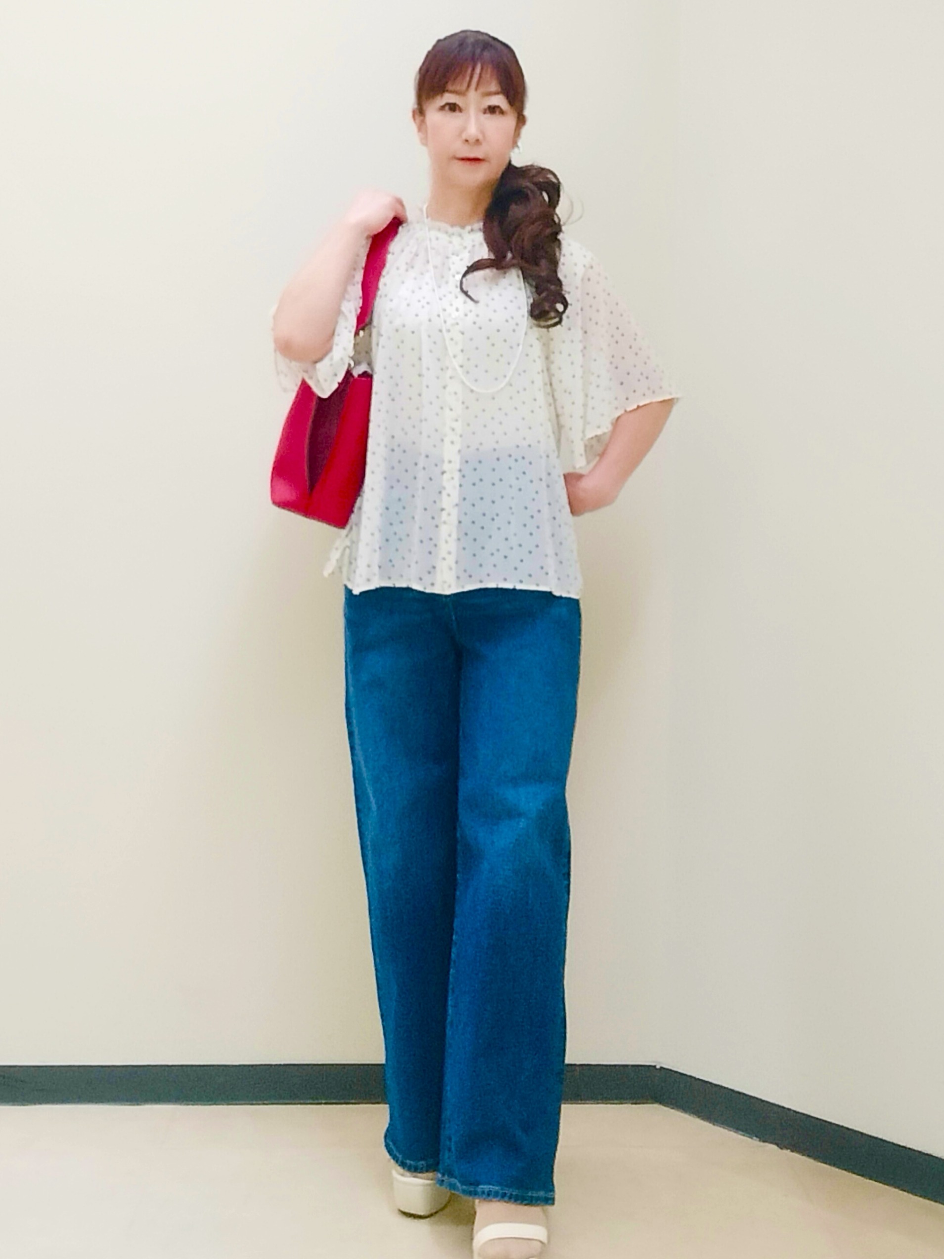 花さんの「Reflect｜【セットアップ／手洗い可】ドット柄シアーブラウス」を使ったコーディネート