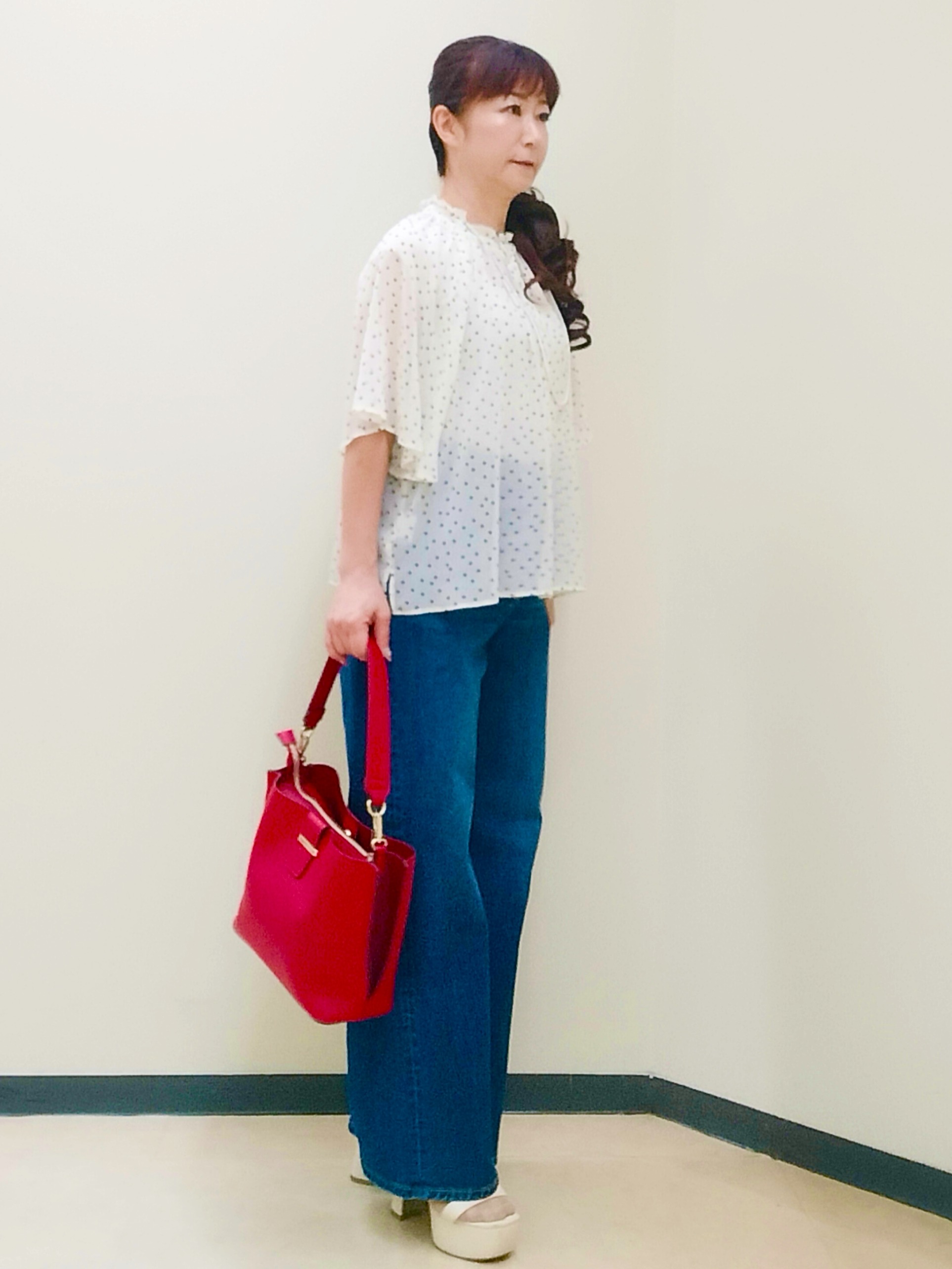 花さんの「Reflect｜【セットアップ／手洗い可】ドット柄シアーブラウス」を使ったコーディネート