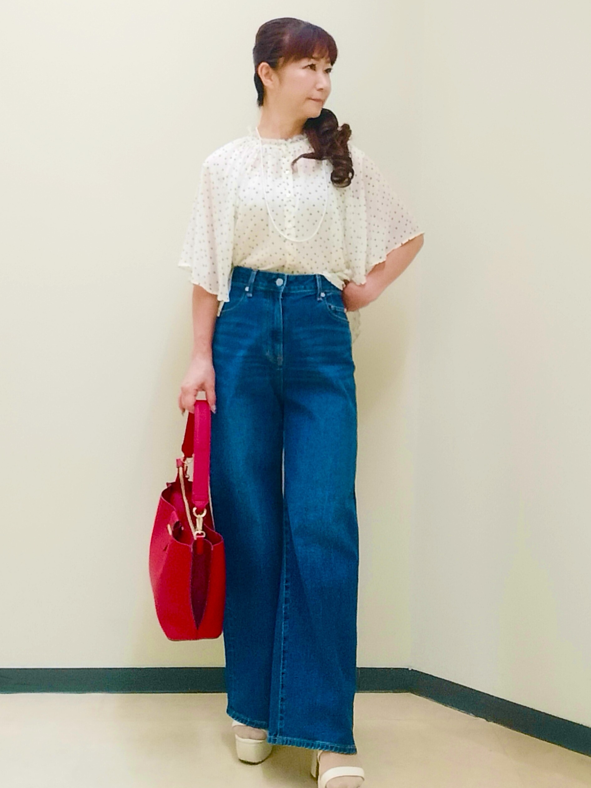 花さんの「Reflect｜【セットアップ／手洗い可】ドット柄シアーブラウス」を使ったコーディネート