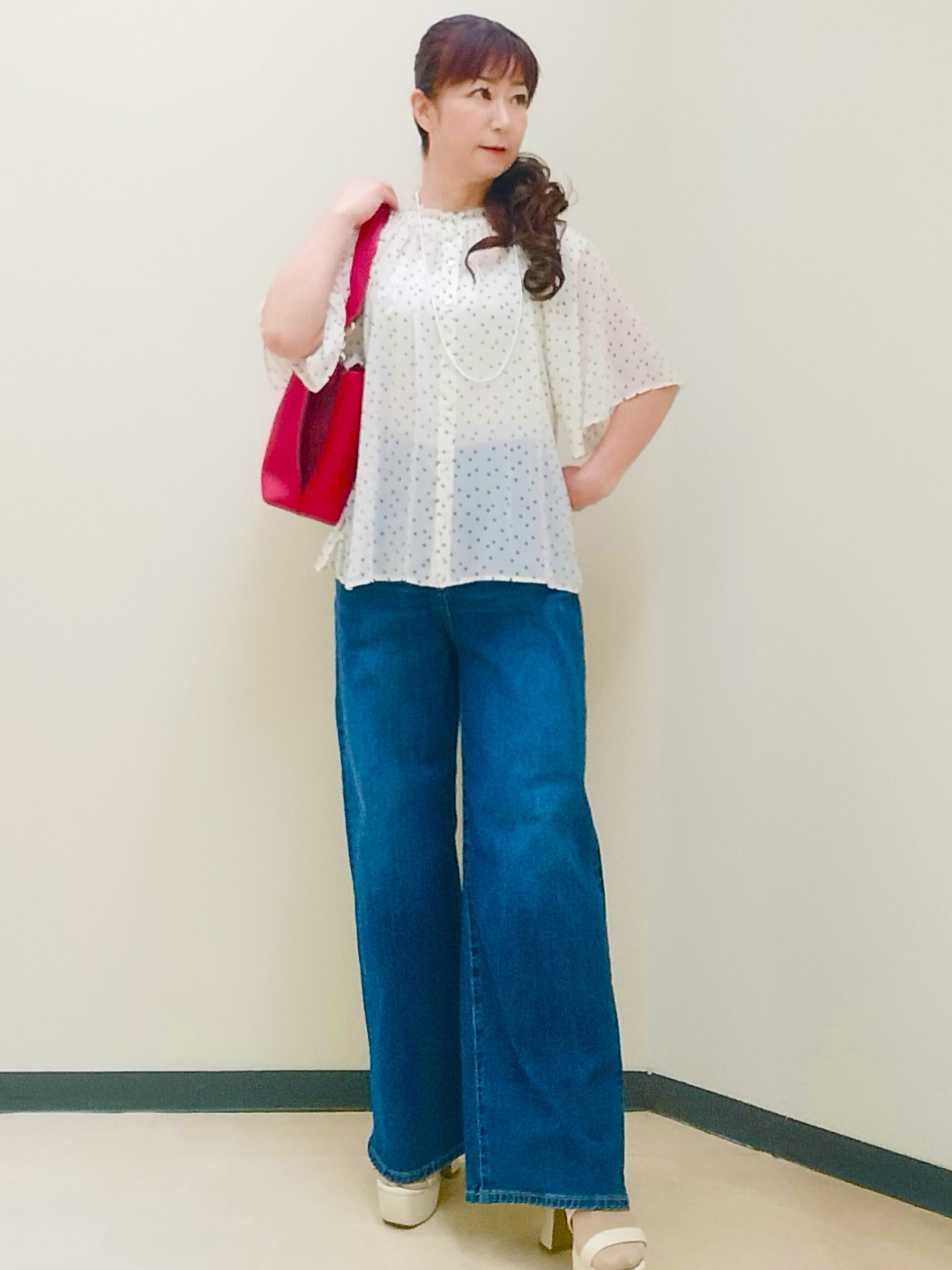 花さんの「Reflect｜【セットアップ／手洗い可】ドット柄シアーブラウス」を使ったコーディネート