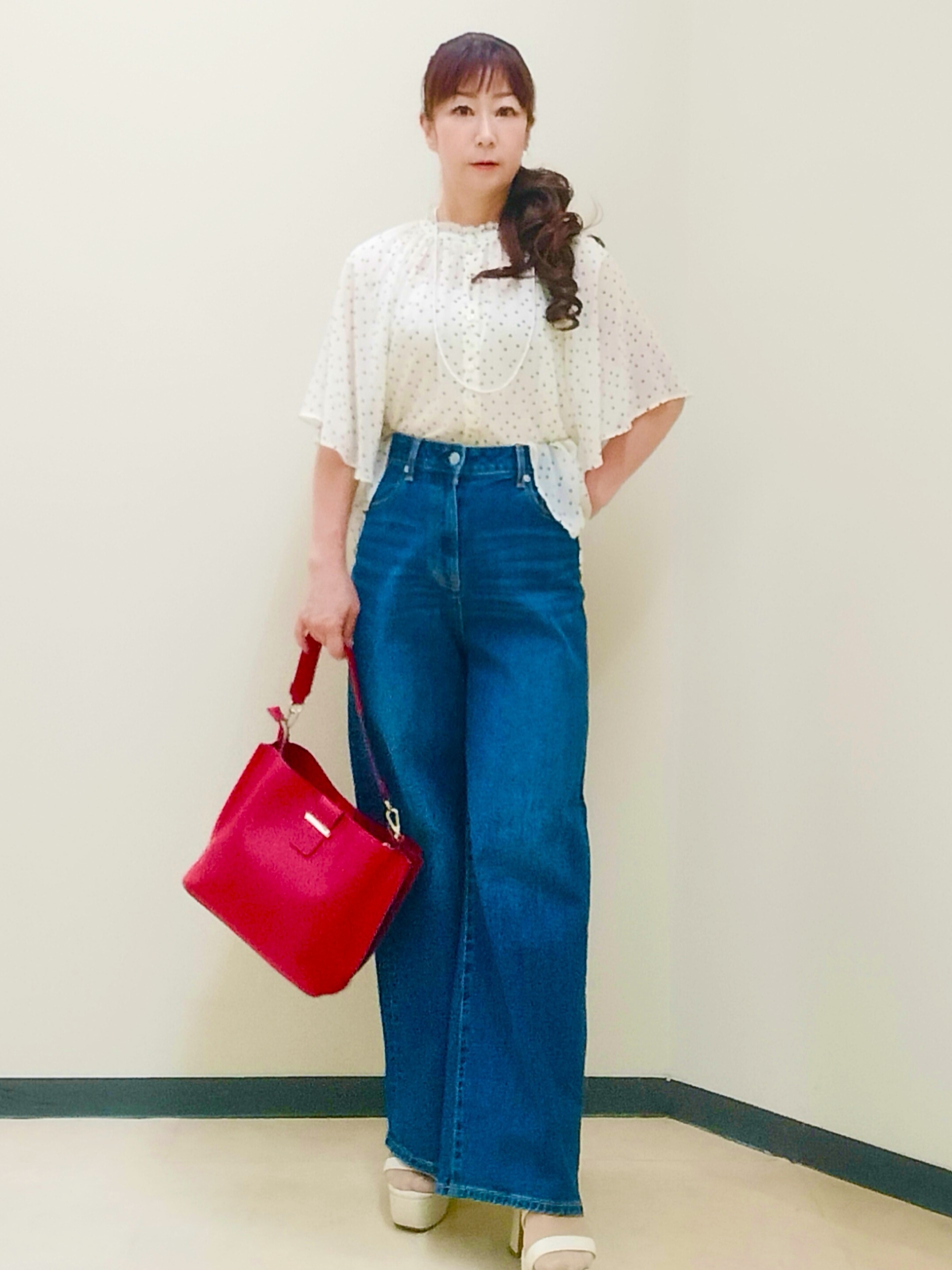 花さんの「Reflect｜【セットアップ／手洗い可】ドット柄シアーブラウス」を使ったコーディネート