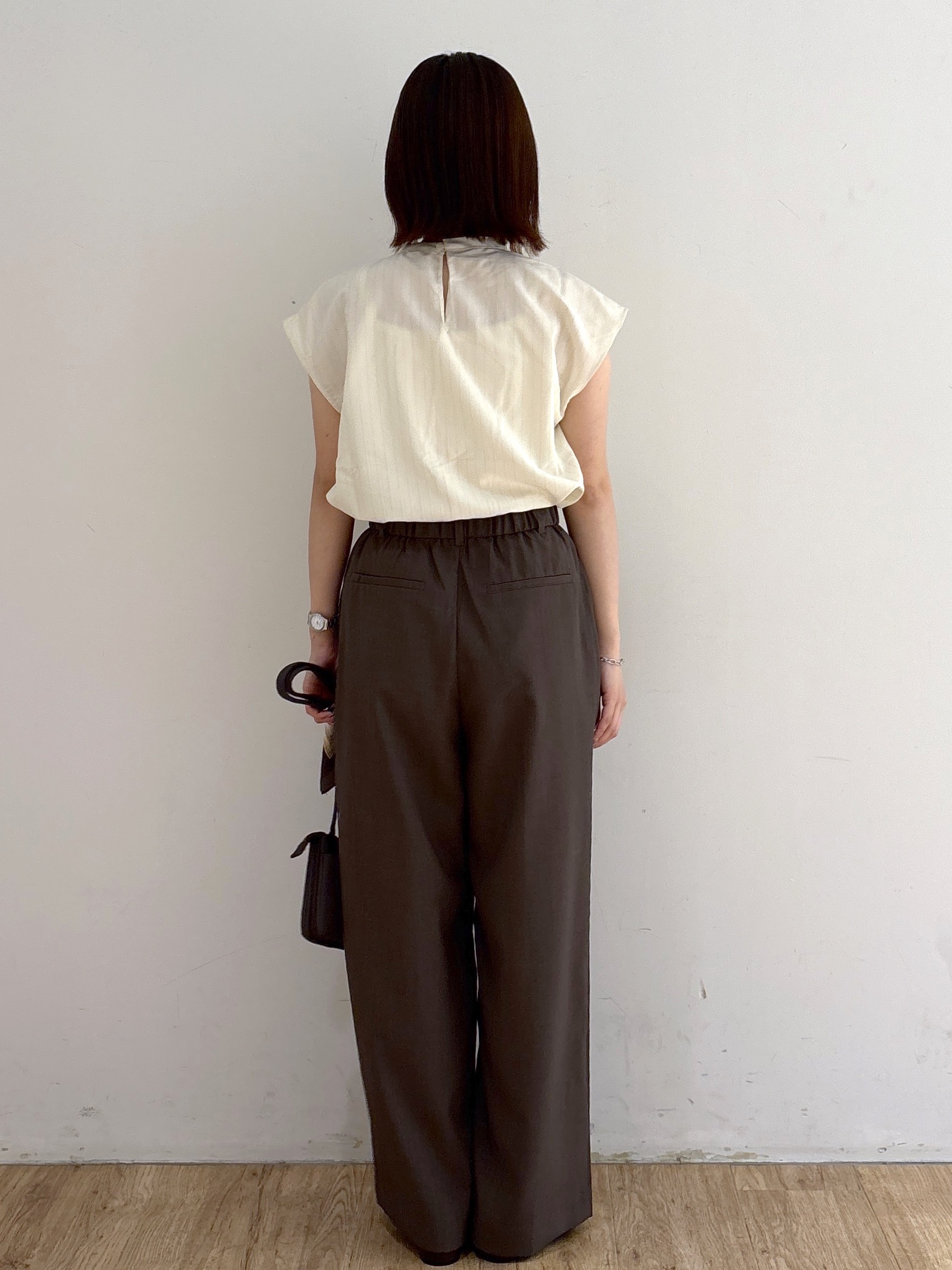 mireiさんの「OPAQUE.CLIP｜ボウタイライクフリルブラウス／ストライプ柄アソート【洗濯機OK】」を使ったコーディネート