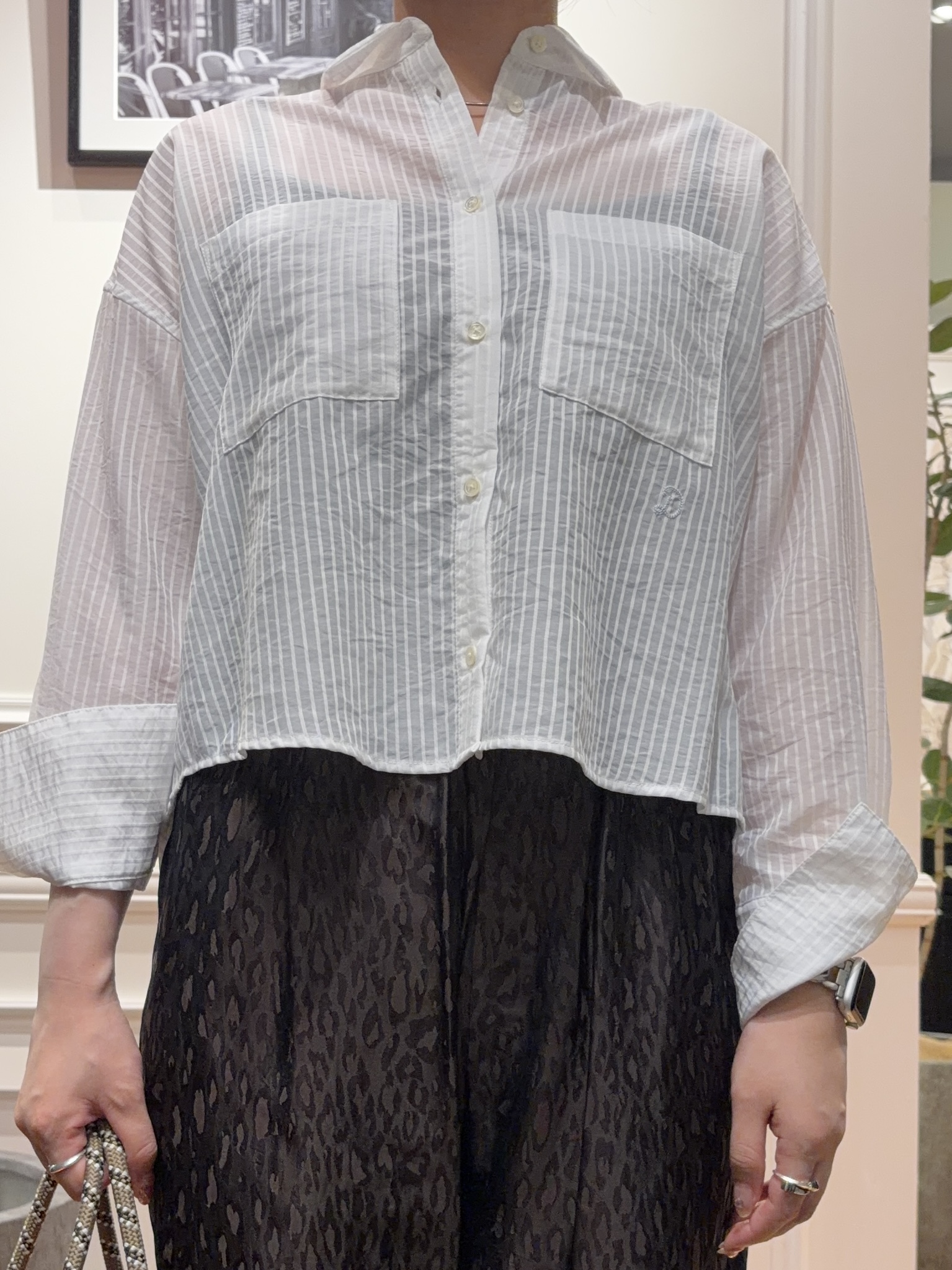 SAKAIさんの「DRESSTERIOR｜シアーストライプクロップドシャツ」を使ったコーディネート