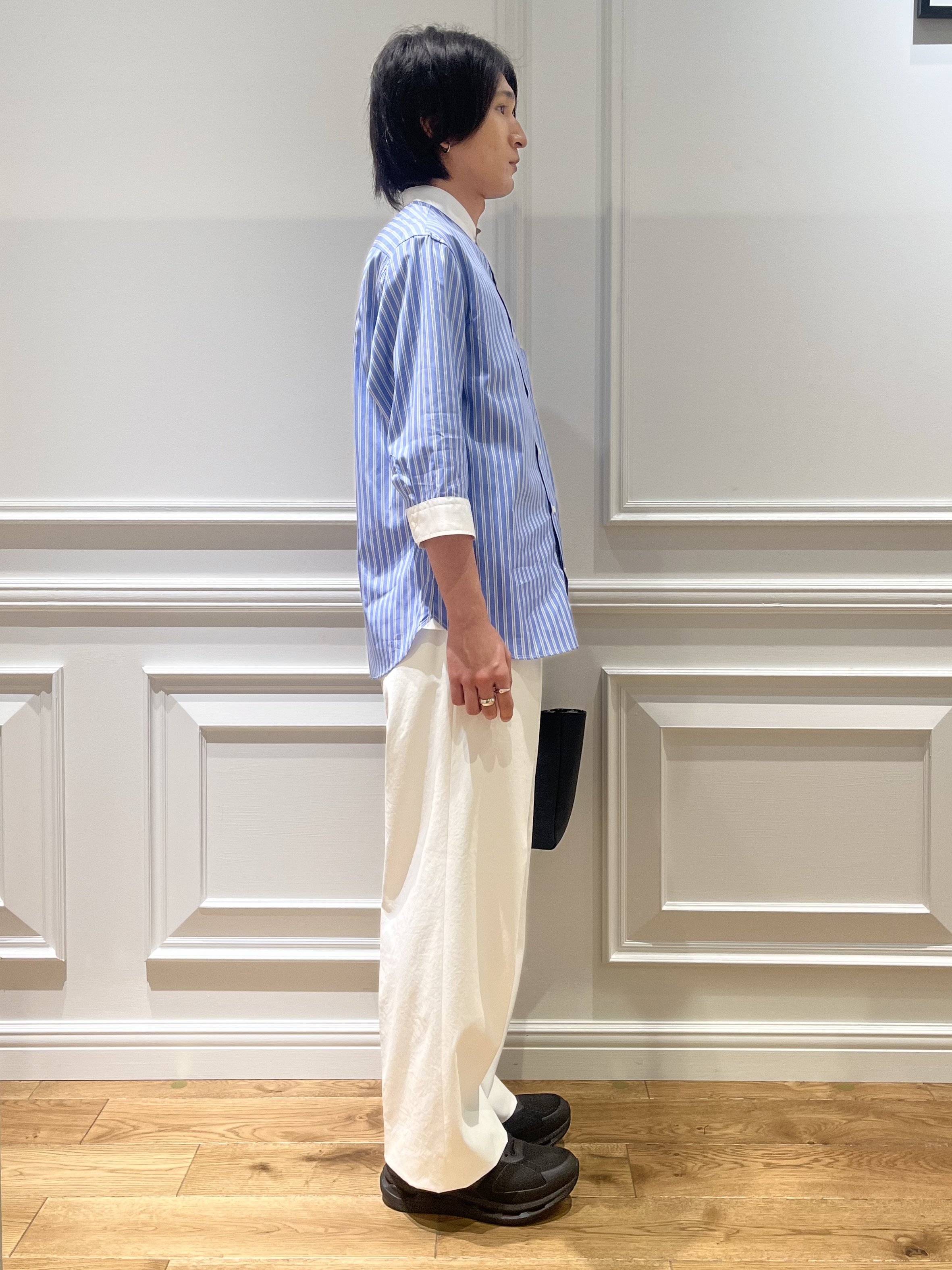 Watanabeさんの「DRESSTERIOR｜バンドカラー ストライプスリークォーターシャツ」を使ったコーディネート