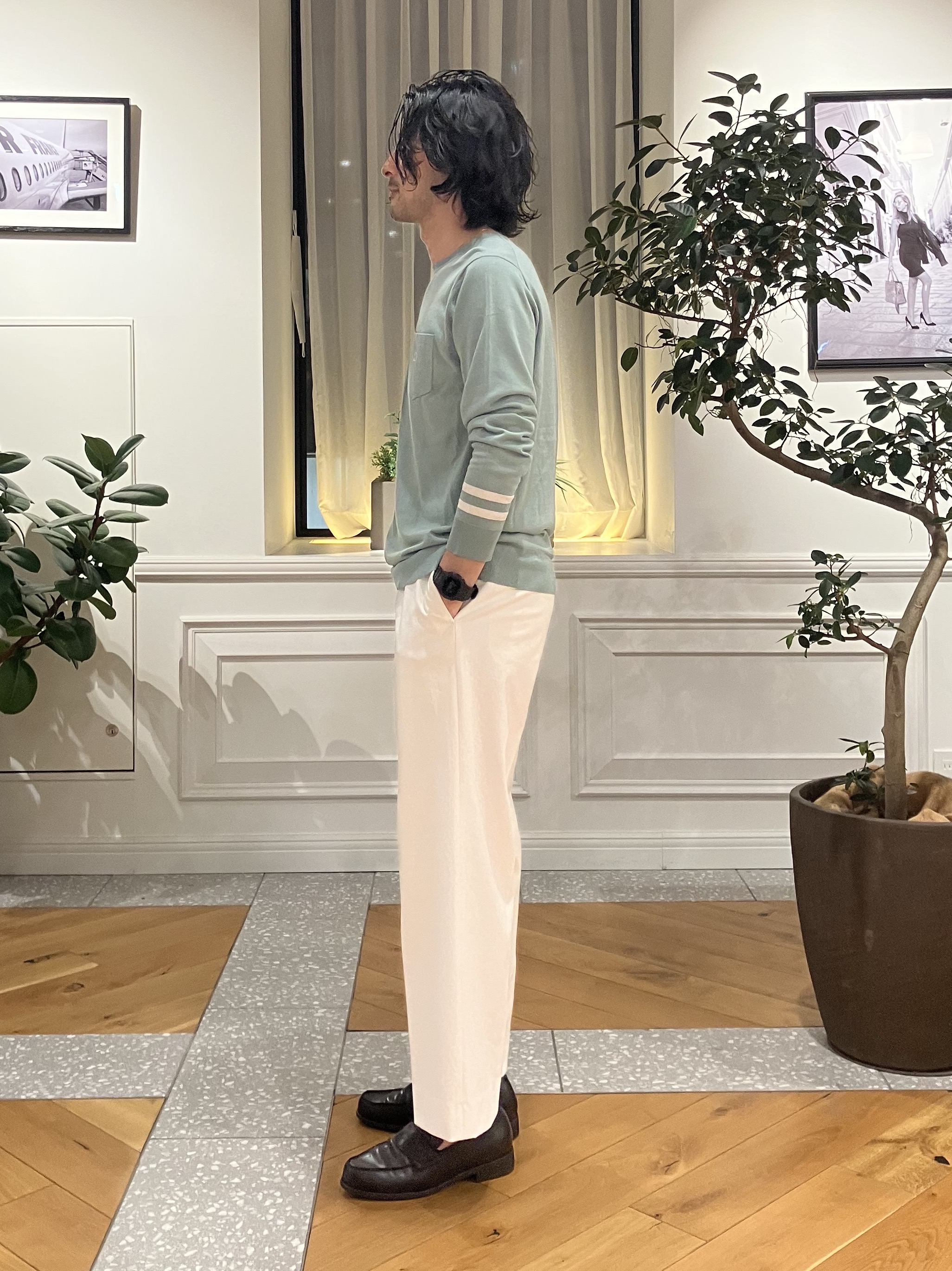 junyaさんの「DRESSTERIOR｜【ウォッシャブル】コットンシルク クルーニット」を使ったコーディネート