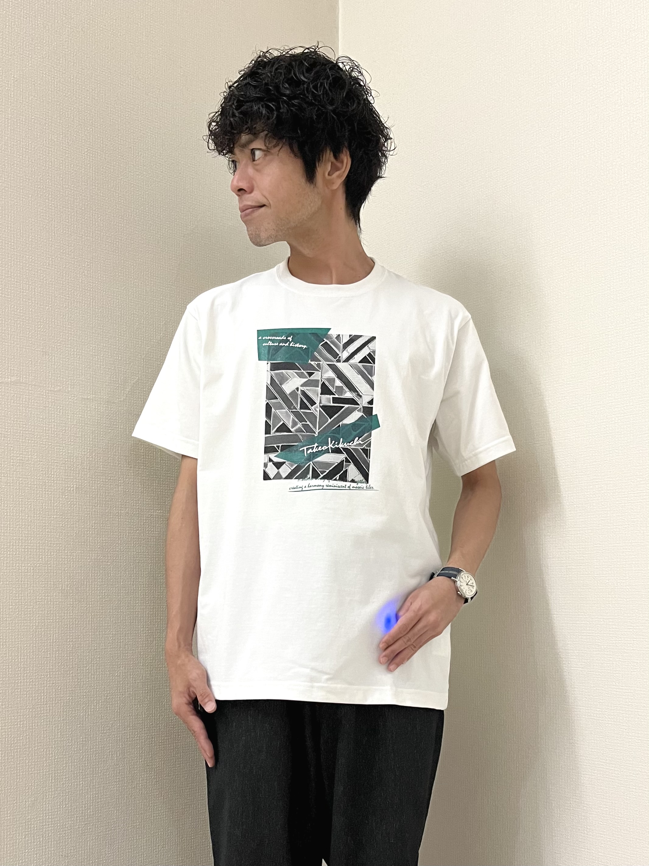 URAさんの「TAKEO KIKUCHI｜モノクロタイルTシャツ」を使ったコーディネート