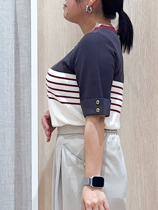 naoさんの「grove｜新色追加！【シリーズ累計36万枚/名品ニット】やわらかドライタッチ 袖メッシュ編みニット」を使ったコーディネート