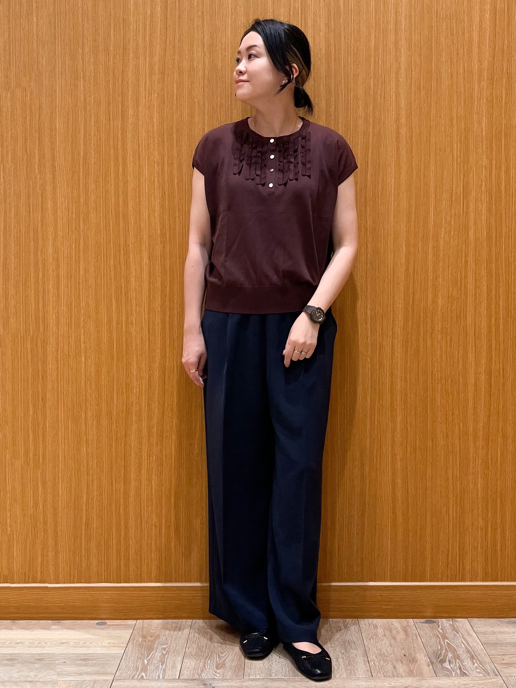 aさんの「OPAQUE.CLIP｜【接触冷感／UV】フリルフレンチスリーブニット《洗濯機OK》」を使ったコーディネート