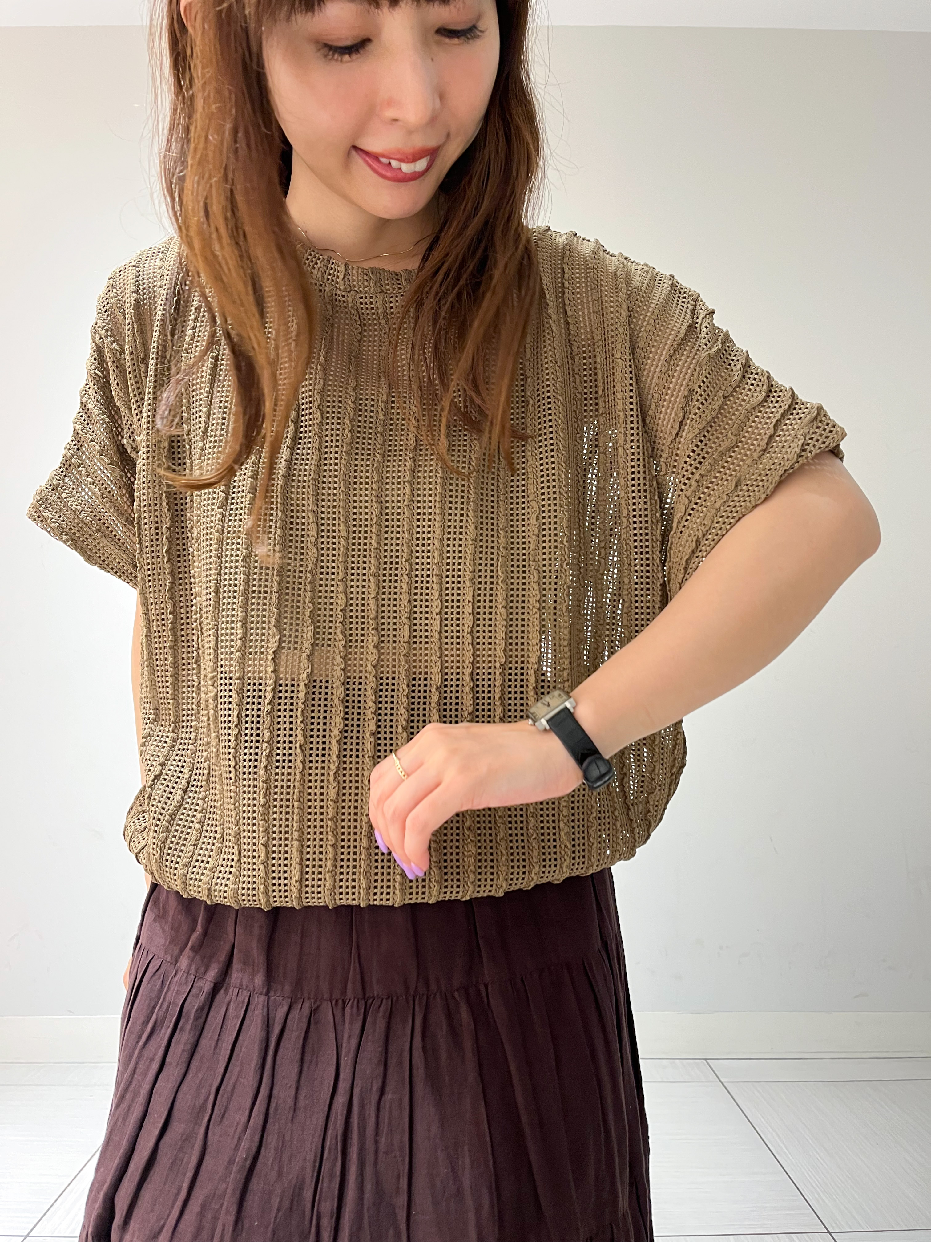 じゅんさんの「DRESSTERIOR｜【体系カバー/日除け】ドルマンスリーブ シアーメッシュプルオーバー」を使ったコーディネート