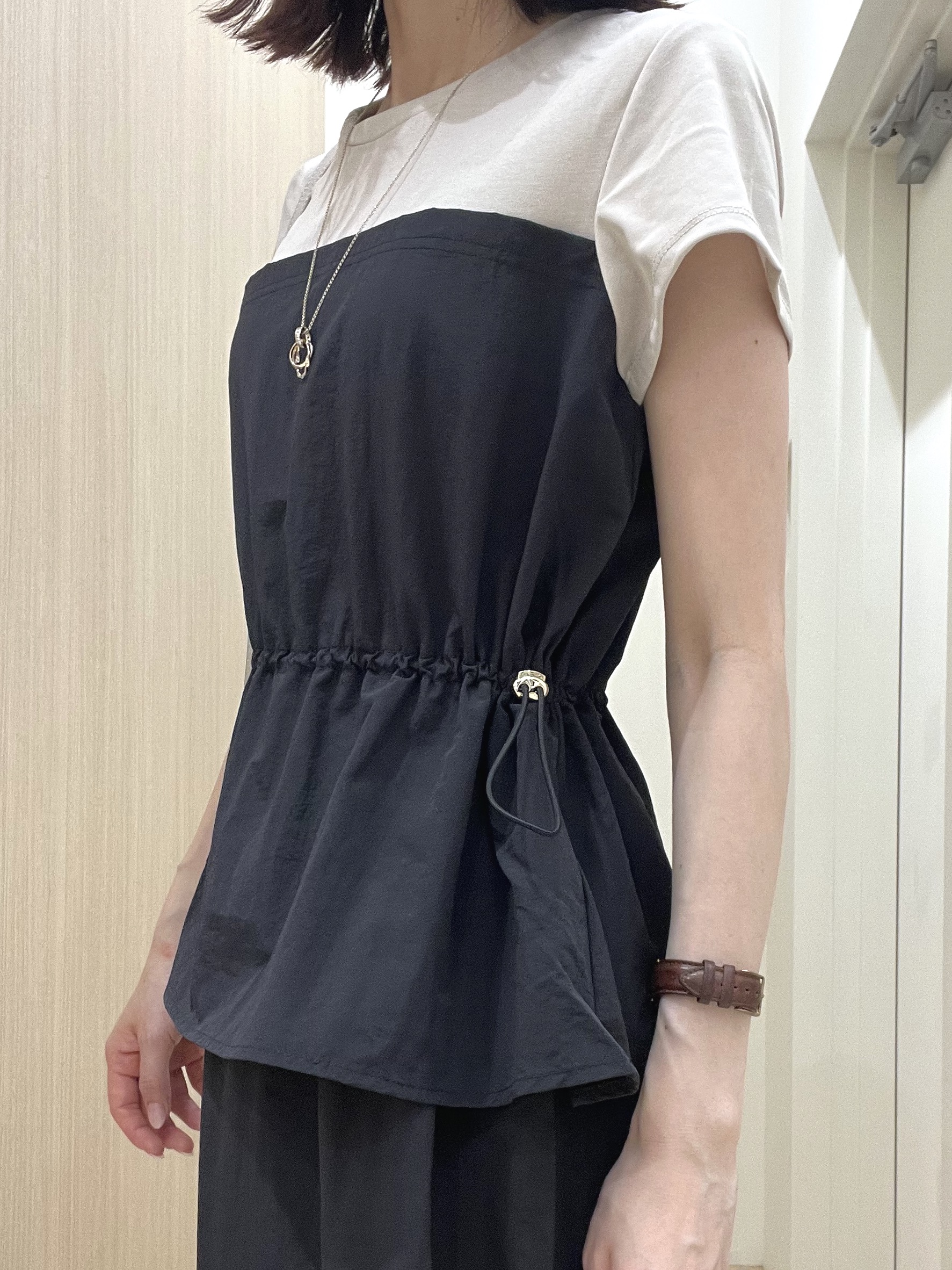  おまつさんの「grove｜【低身長さんも選べる着丈・洗濯機◎】1枚で旬顔！Tシャツドッキングドロストワンピース」を使ったコーディネート