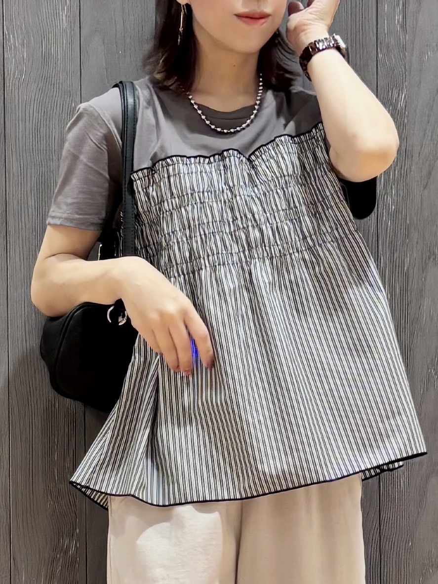 meiさんの「SHOO･LA･RUE｜【S-LL/洗濯機可/体型カバー】インせずサマ見え ビスチェ風異素材ドッキングTシャツ」を使ったコーディネート