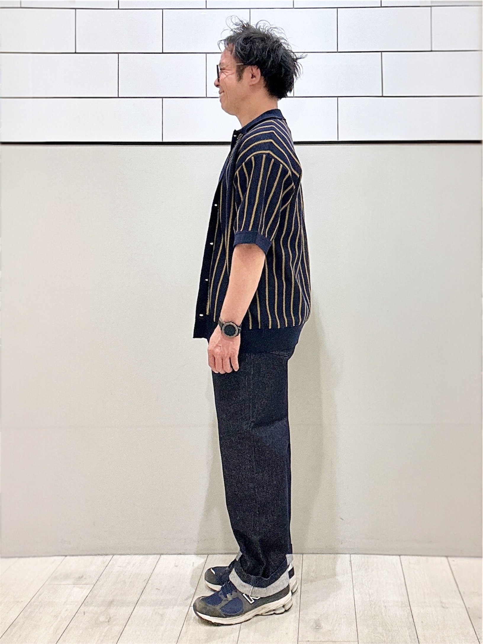 KENJI Iさんの「THE SHOP TK｜【マシンウォッシャブル】ニットストライプ半袖シャツ」を使ったコーディネート