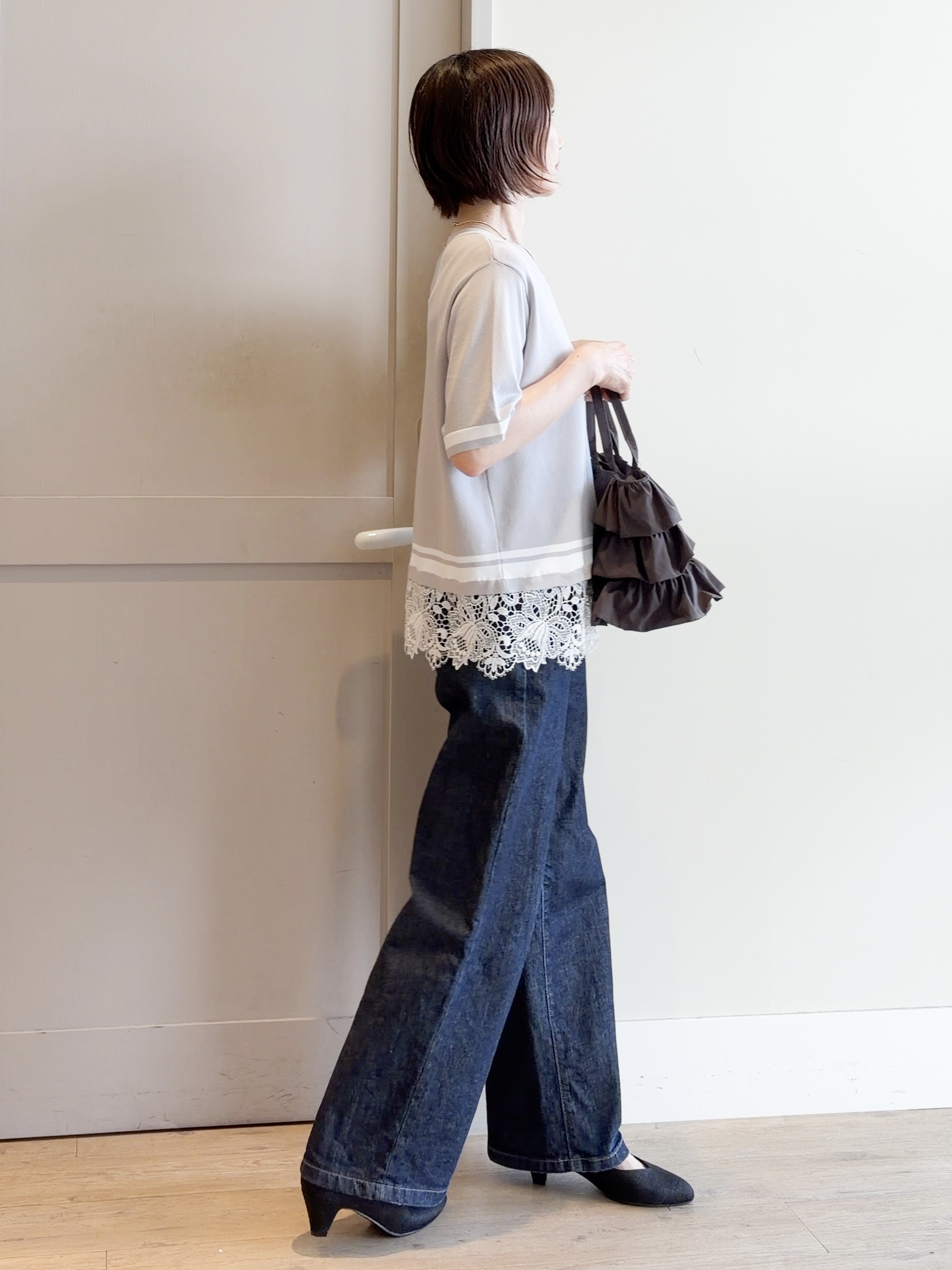 yamakoさんの「grove｜【シリーズ累計36万枚／UVカット・ひんやり・洗濯機OK】やわらかドライタッチレースドッキングニット」を使ったコーディネート