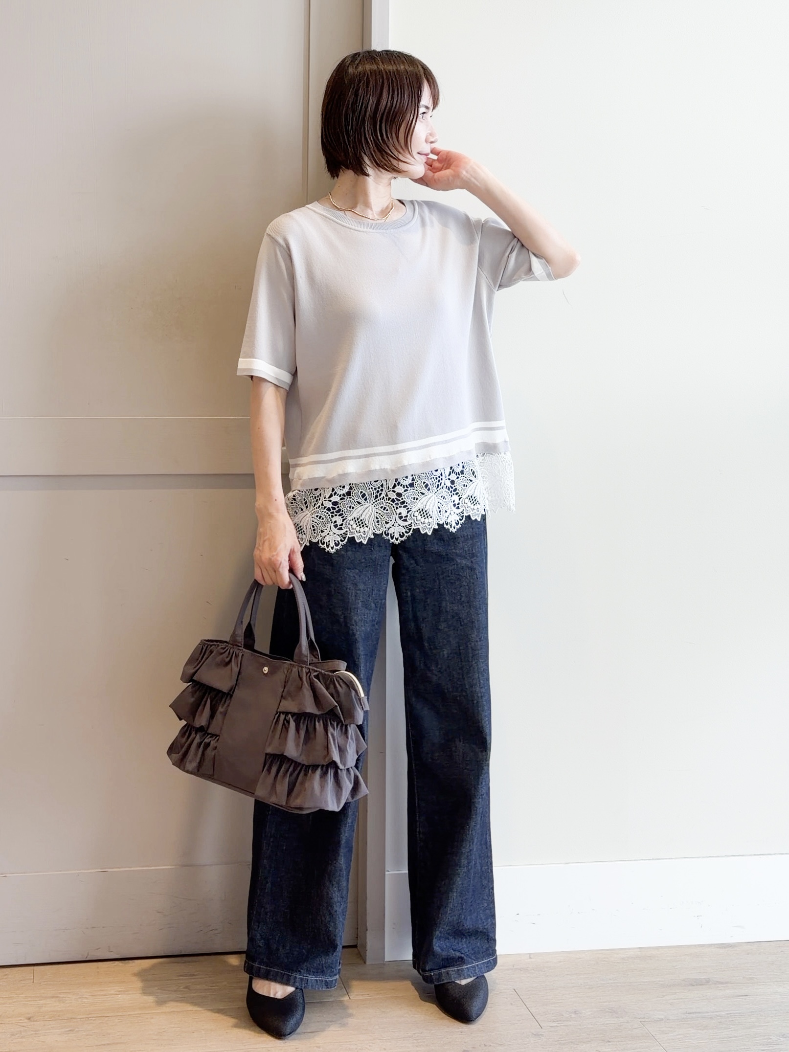 yamakoさんの「grove｜【シリーズ累計36万枚／UVカット・ひんやり・洗濯機OK】やわらかドライタッチレースドッキングニット」を使ったコーディネート