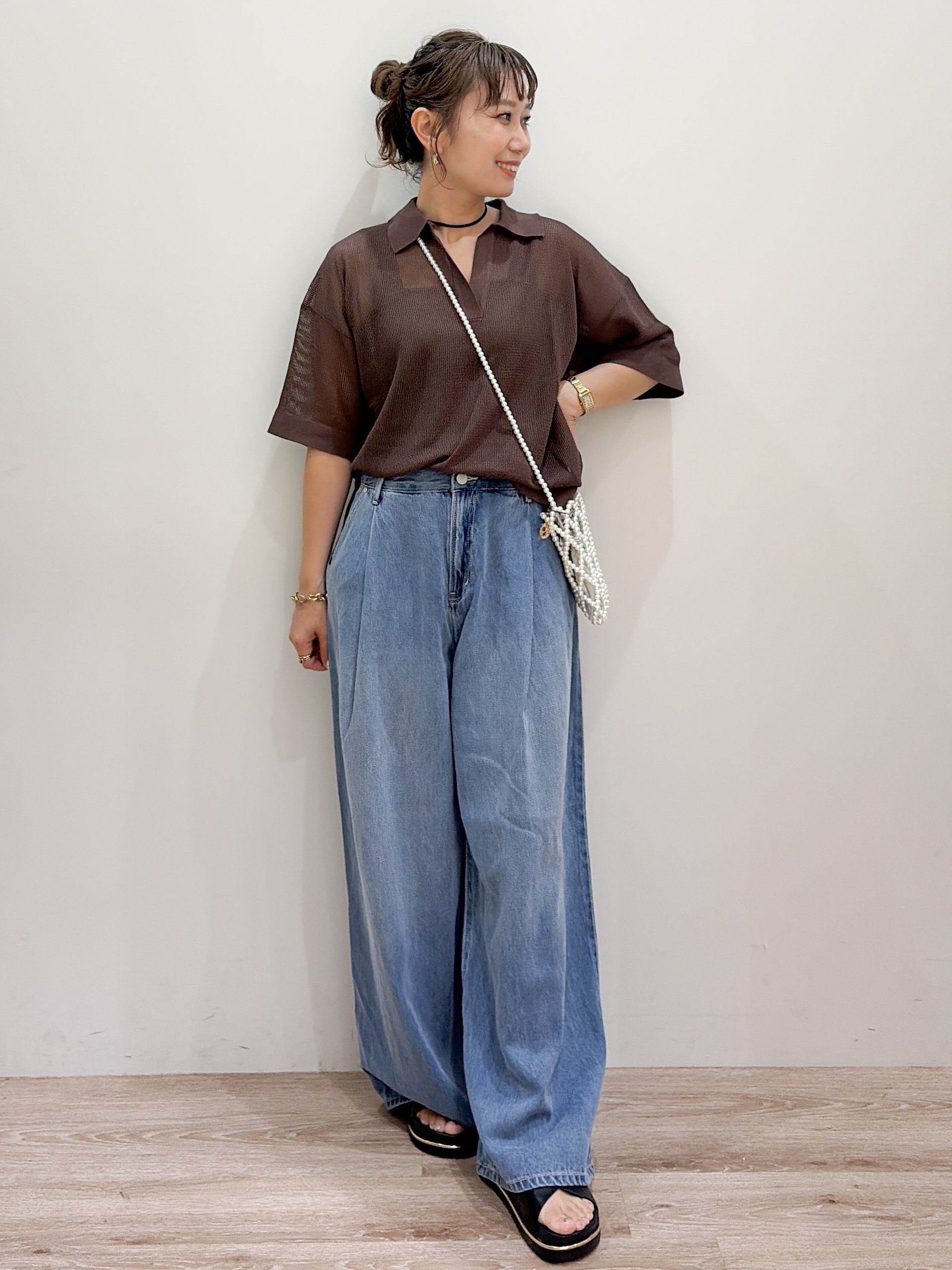 risayanさんの「OPAQUE.CLIP｜メッシュスキッパーポロニット【UVケア／洗濯機OK】」を使ったコーディネート