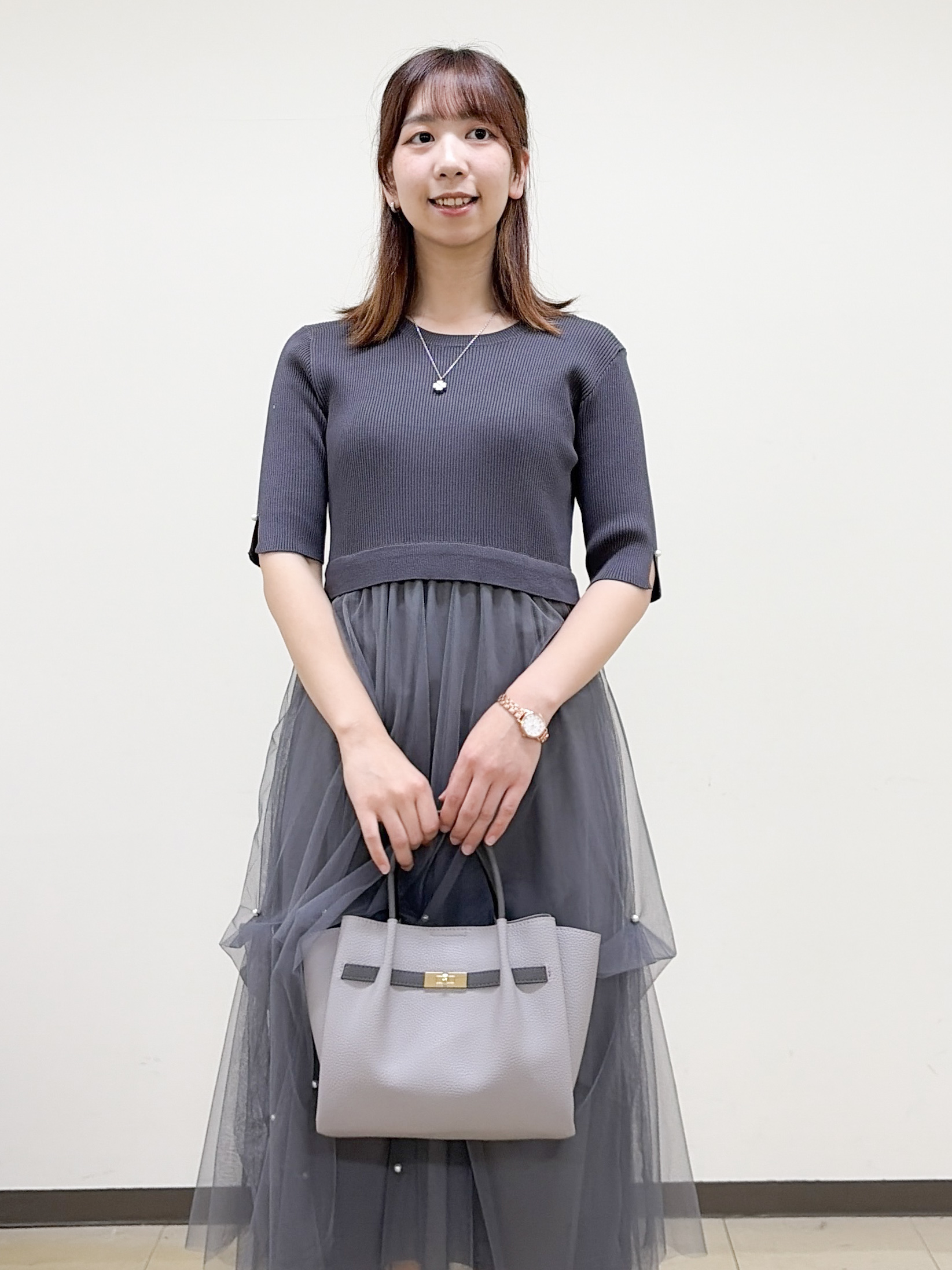 yurinaさんの「index｜チュールパール調ドッキングニットワンピース【洗濯機OK／抗ピル】」を使ったコーディネート
