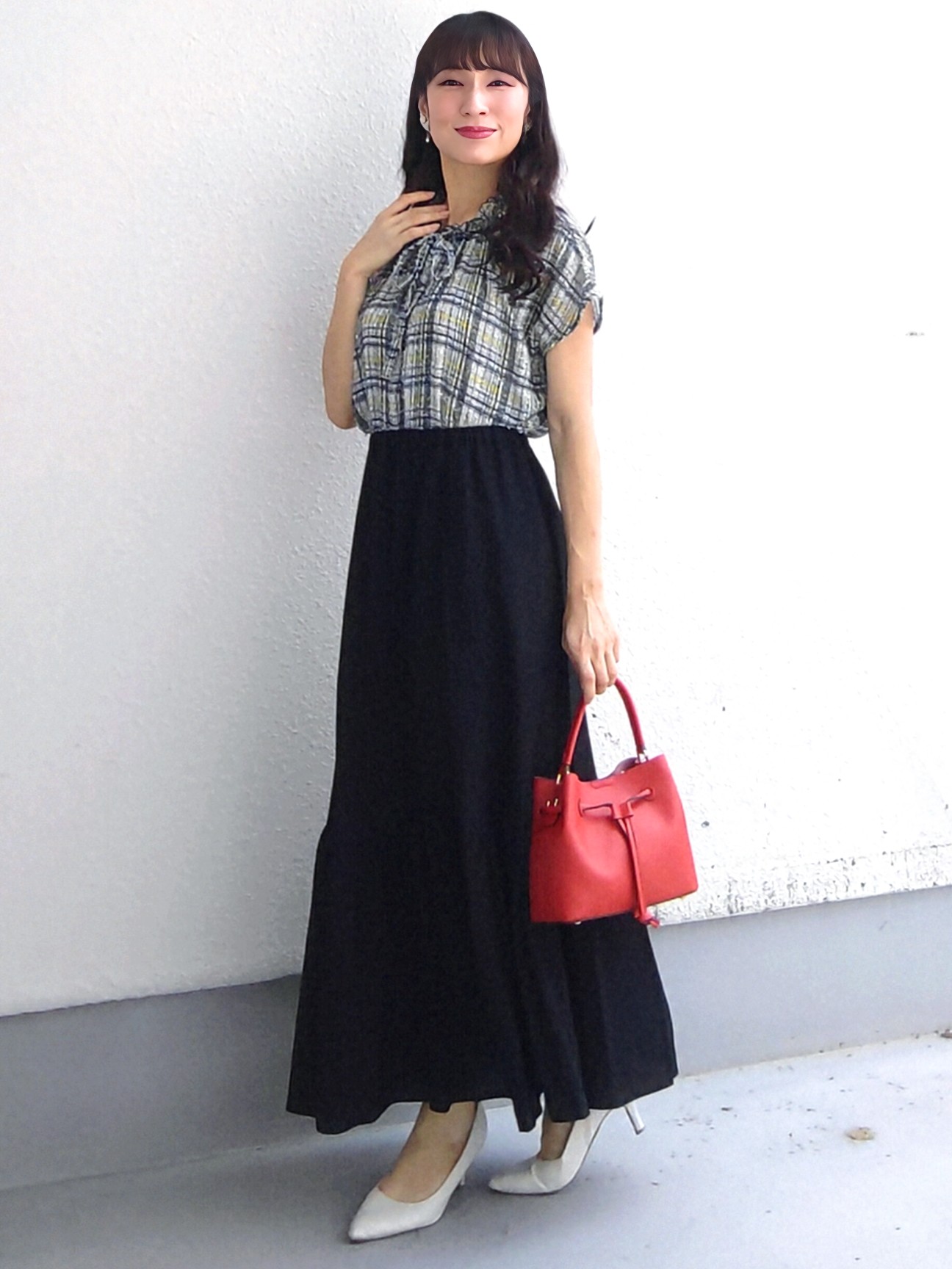keinaさんの「SunaUna｜チェック柄フリルブラウス」を使ったコーディネート