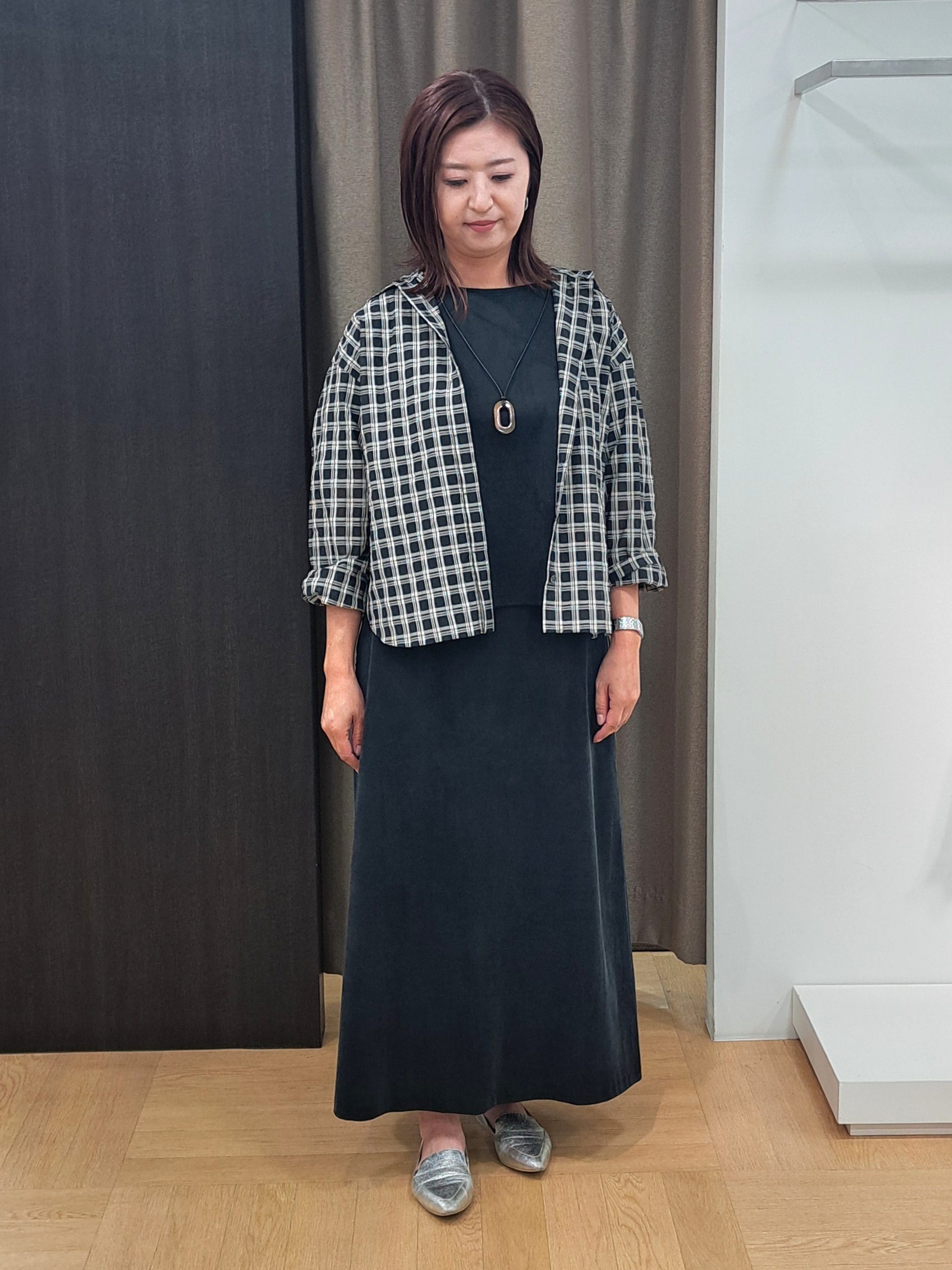 ちいさんの「UNTITLED｜シアーチェックシャツブラウス」を使ったコーディネート