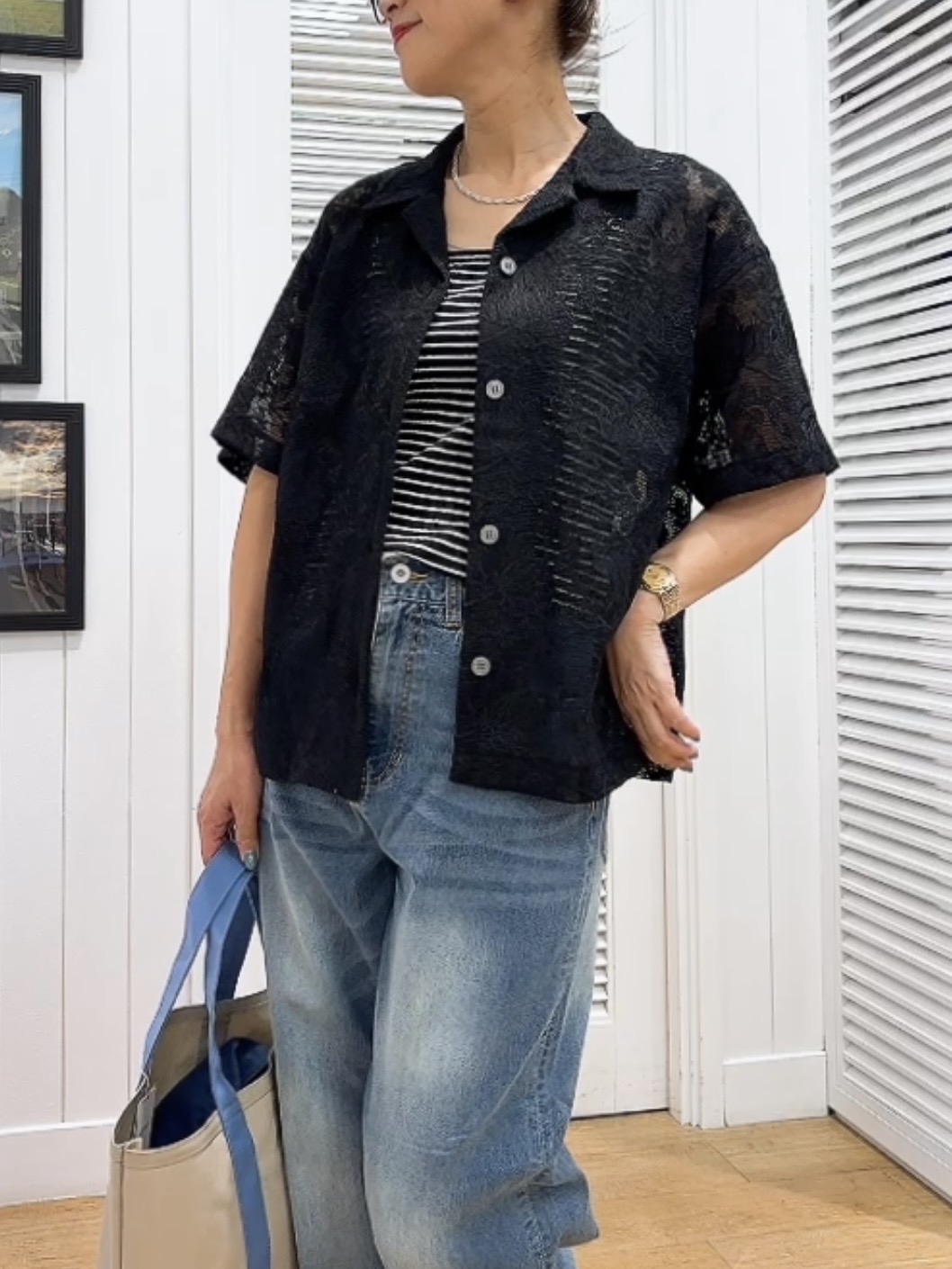 Yasucoさんの「Dessin｜カラミレース 開襟シャツ」を使ったコーディネート