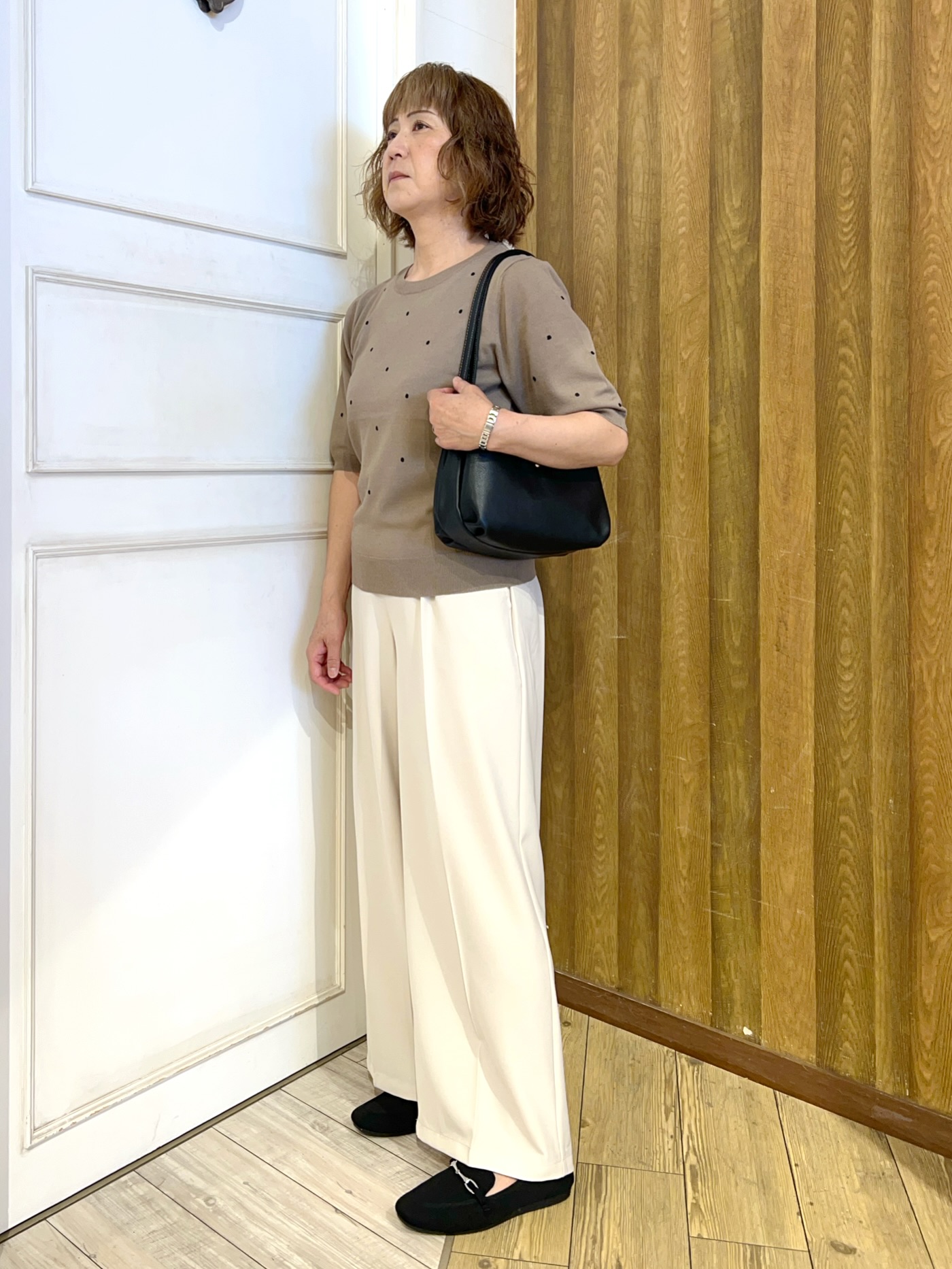yuriyuriさんの「SHOO･LA･RUE｜【ひんやり/S-LL】大人フェミニン ドット刺繍ニット」を使ったコーディネート