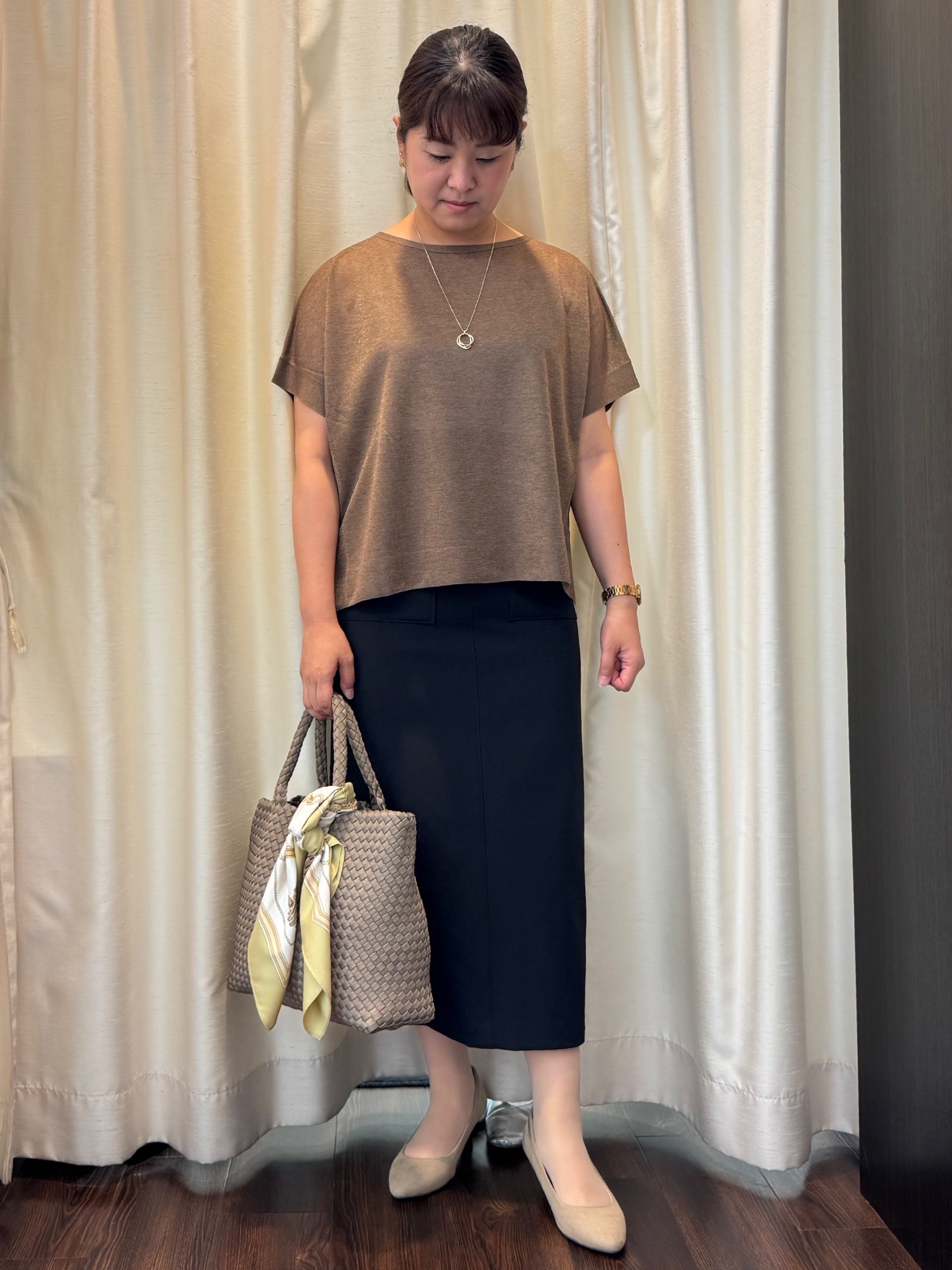 Ayaさんの「UNTITLED｜【アンサンブル可/品のある透け感】Tシャツ風ニットトップス」を使ったコーディネート